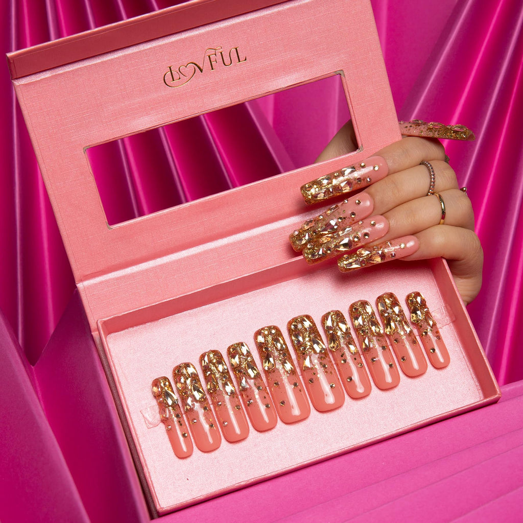 LOVFUL Stardust Gold Rhinestone Press-On Nails – Square Mid Length 1.7in | Reusable Crystal Set