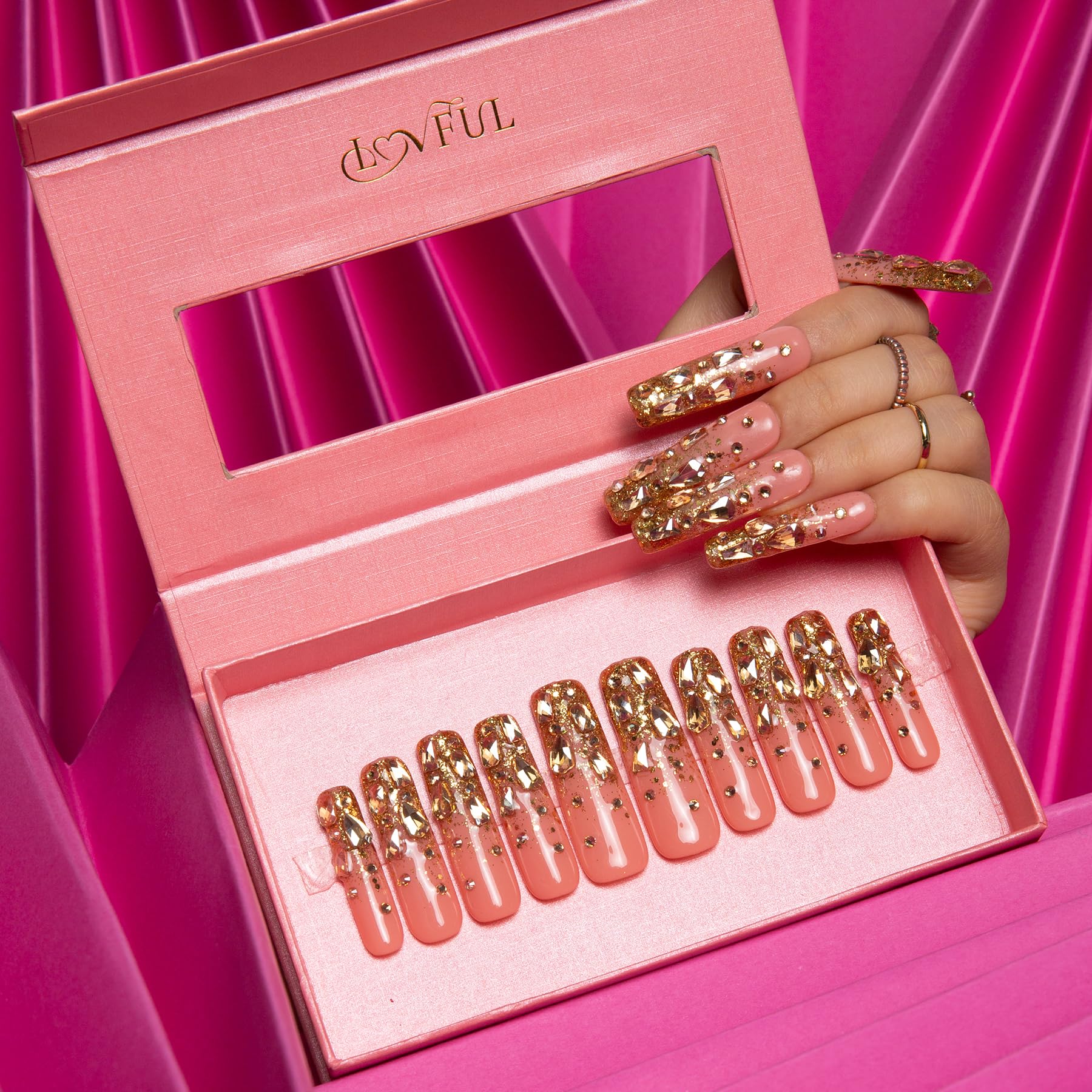 LOVFUL Stardust Gold Rhinestone Press-On Nails – Square Mid Length 1.7in | Reusable Crystal Set