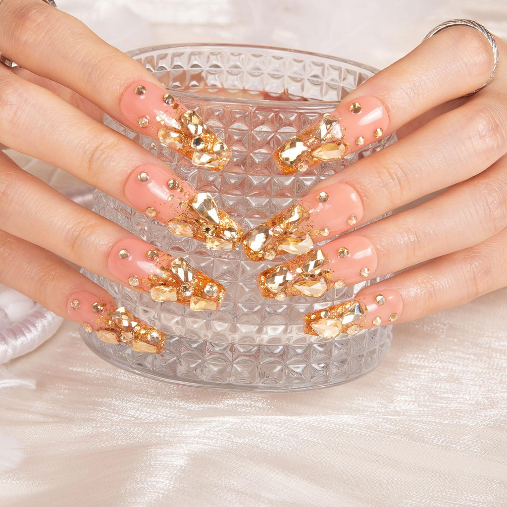 LOVFUL Press on Nails Stardust Gold Rhinestone – Reusable Full Cover Coffin Nails 1.3 in | Handmade