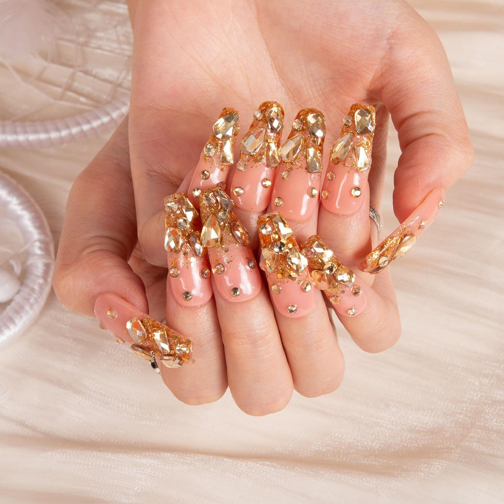 LOVFUL Press on Nails Stardust Gold Rhinestone – Reusable Full Cover Coffin Nails 1.3 in | Handmade