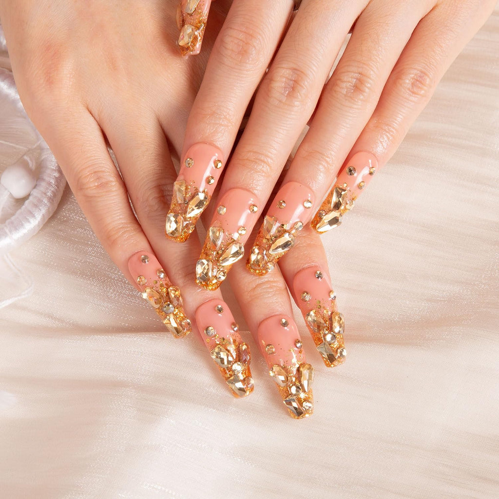 LOVFUL Press on Nails Stardust Gold Rhinestone – Reusable Full Cover Coffin Nails 1.3 in | Handmade