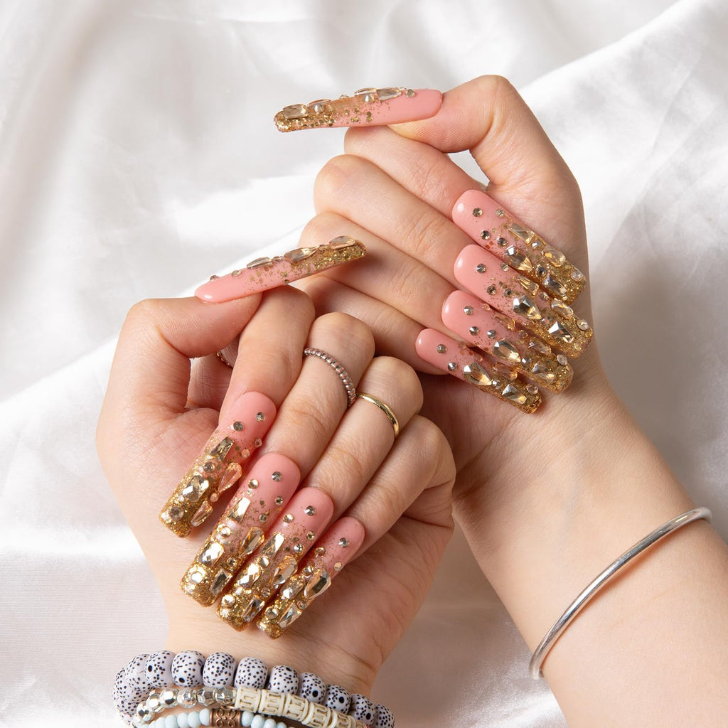 LOVFUL Stardust Gold Rhinestone Press-On Nails – Square Mid Length 1.7in | Reusable Crystal Set