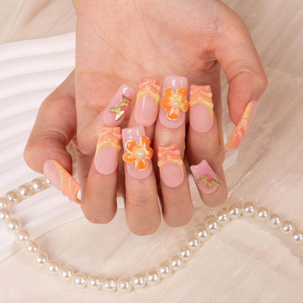 LOVFUL Tropical Fantasy Press on Nails – Handmade Full-Covered Crystals, Reusable Square 1.0 in