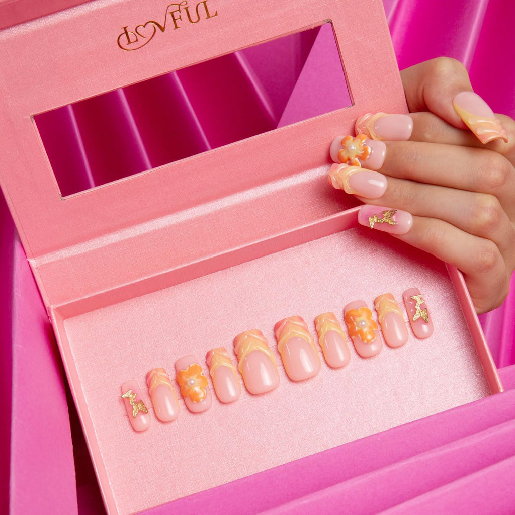 LOVFUL Tropical Fantasy Press on Nails – Handmade Full-Covered Crystals, Reusable Square 1.0 in