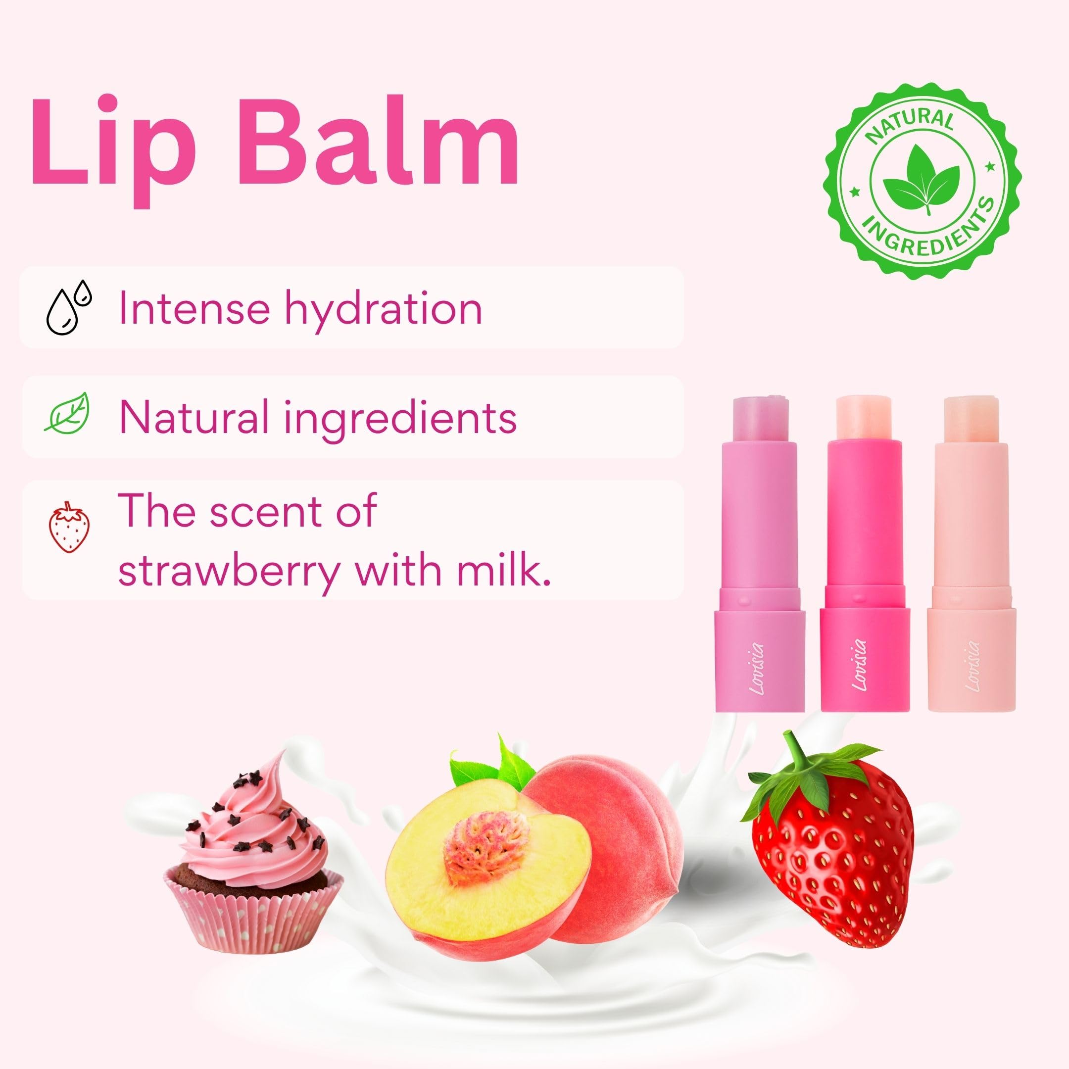 Lovisia Kirby 3EA Hydrating Lip Balm – Strawberry, Peach & Cake | Made in Japan