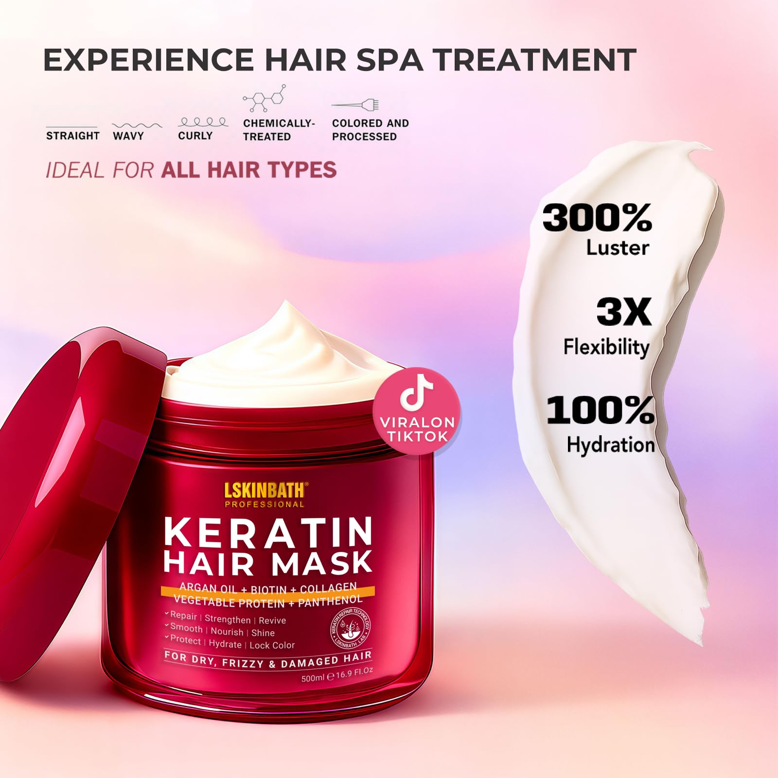 LSKINBATH Keratin & Collagen Repair Hair Mask for Damaged Hair | Deep Conditioning & Frizz Control