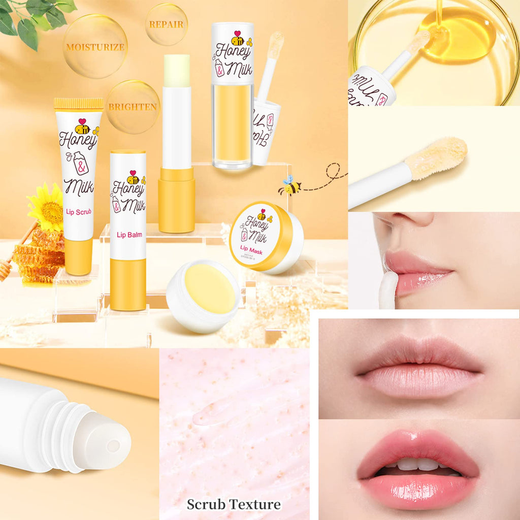 LSxia Honey Milk Lip Care Kit – Lip Mask, Balm, Scrub & Oil for Hydration