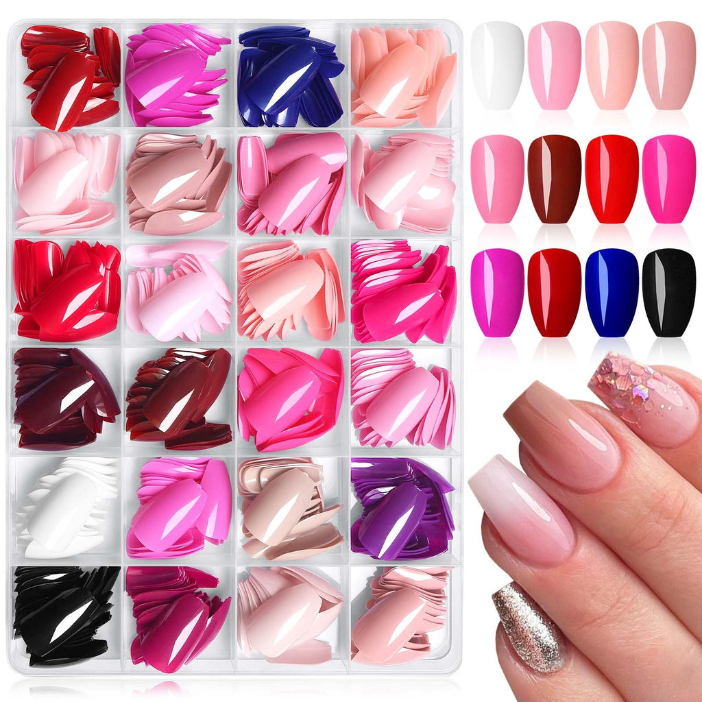 LuckForever 576pc Coffin Press-On Nails Kit — Short Acrylic Nails with Glue Tabs (24 Colors)