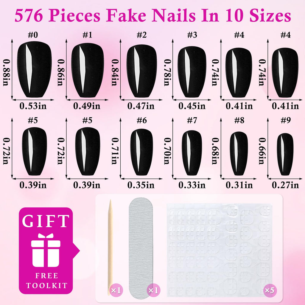 LuckForever 576pc Coffin Press-On Nails Kit — Short Acrylic Nails with Glue Tabs (24 Colors)