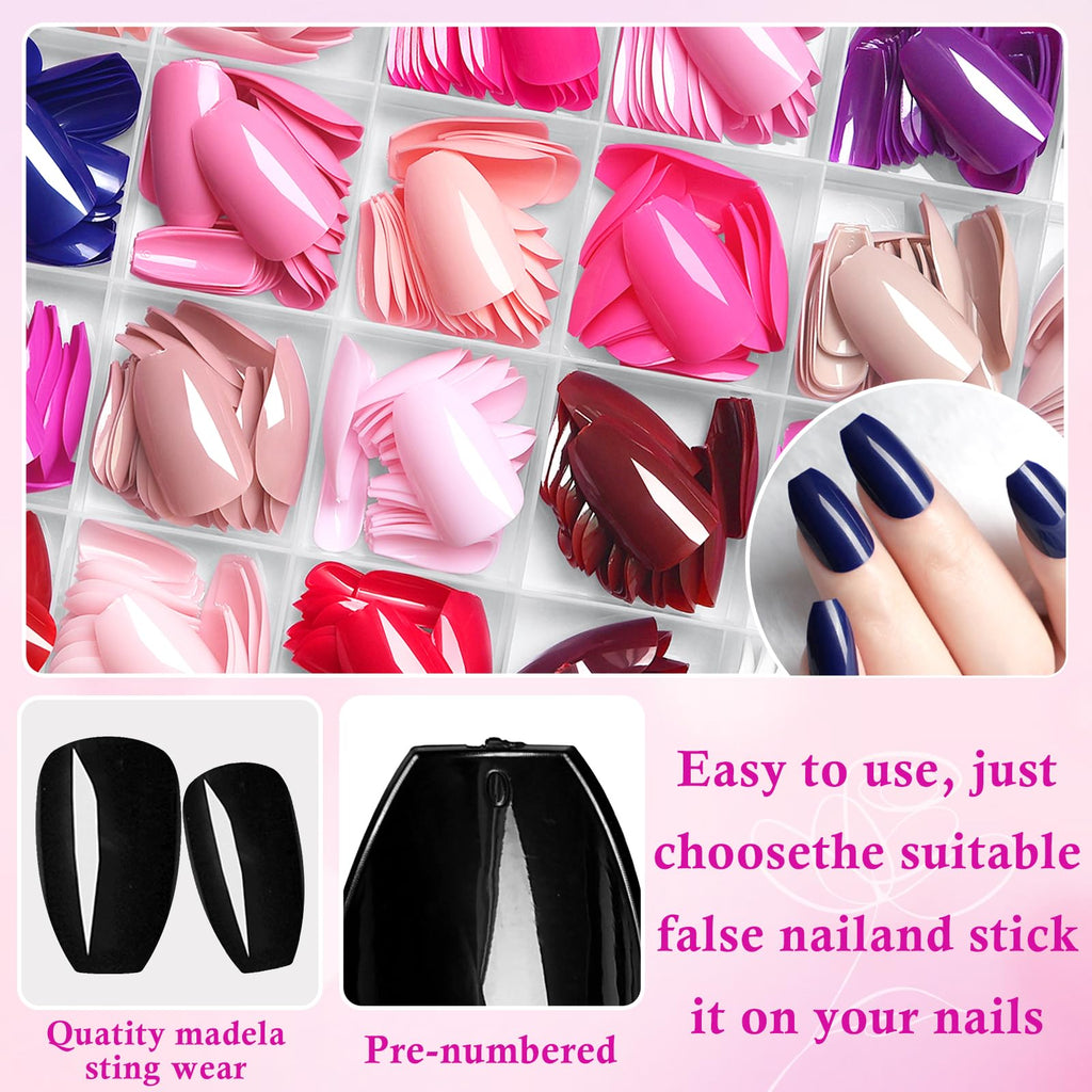LuckForever 576pc Coffin Press-On Nails Kit — Short Acrylic Nails with Glue Tabs (24 Colors)