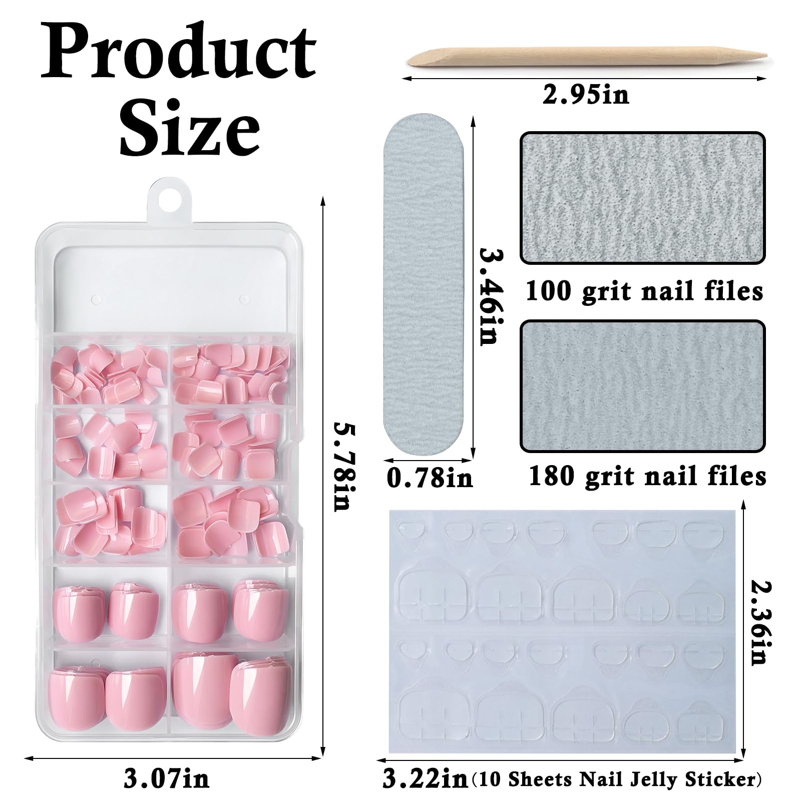 LuckForever Pink Press-on Toenails – 240pc Kit with Adhesive Tabs & File