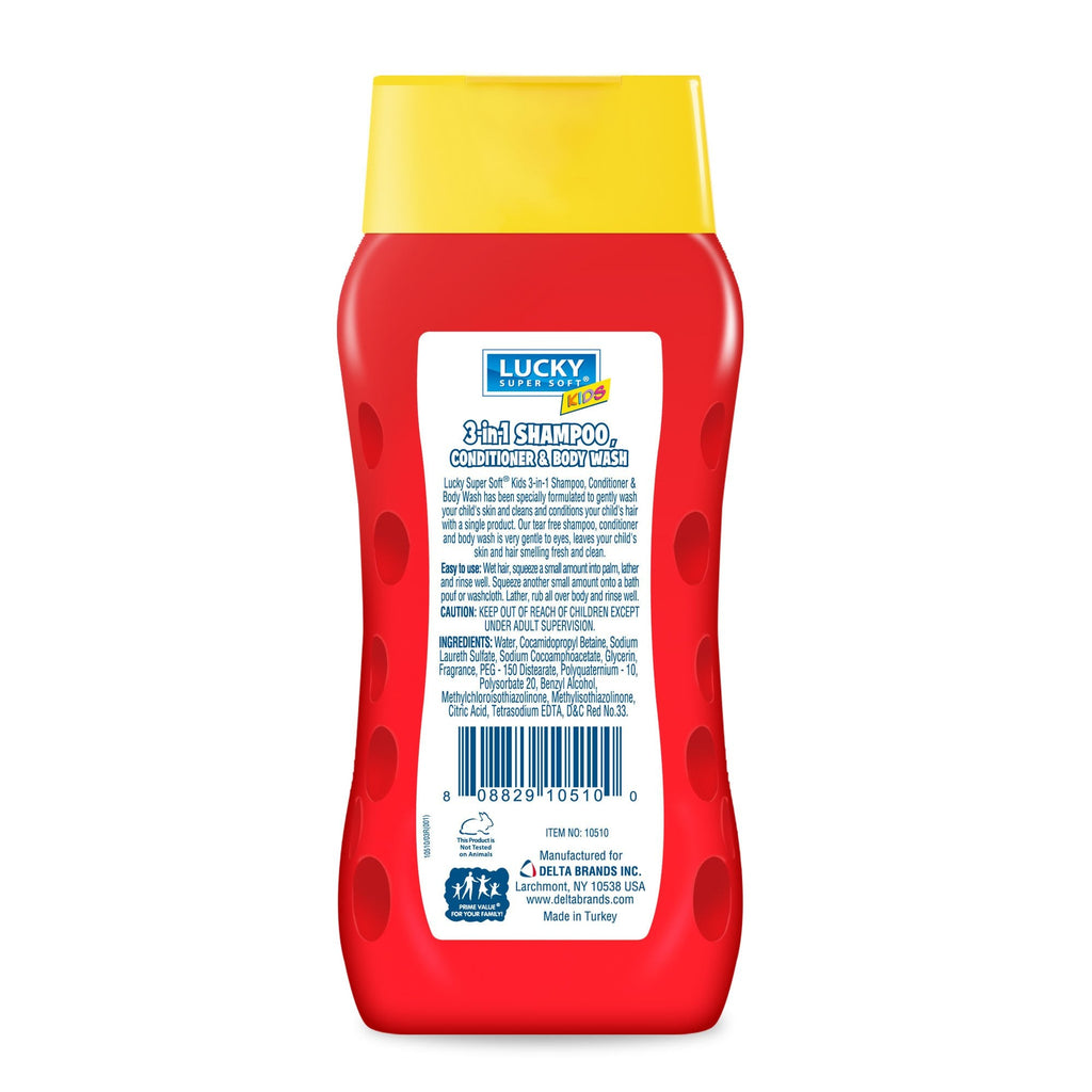 Lucky Super Soft Kids 3-in-1 Shampoo, Detangle Conditioner & Body Wash – Strawberry Smarts, 12 oz