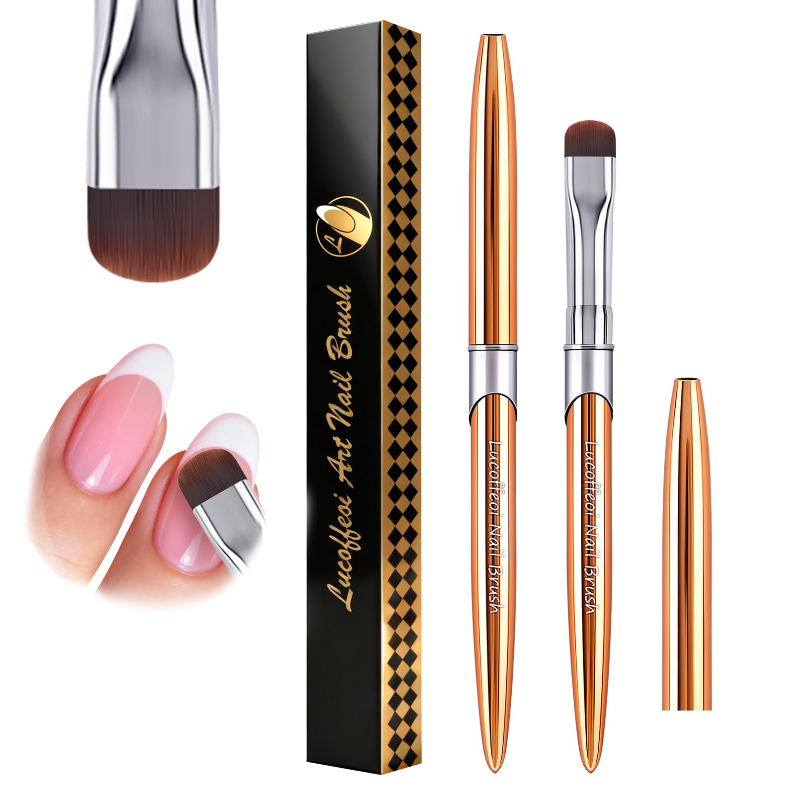 Lucoffeoi French Brush for Nails & Gel Polish Clean Up - Dual-Use Nail Art Brush with Cap (Gold)