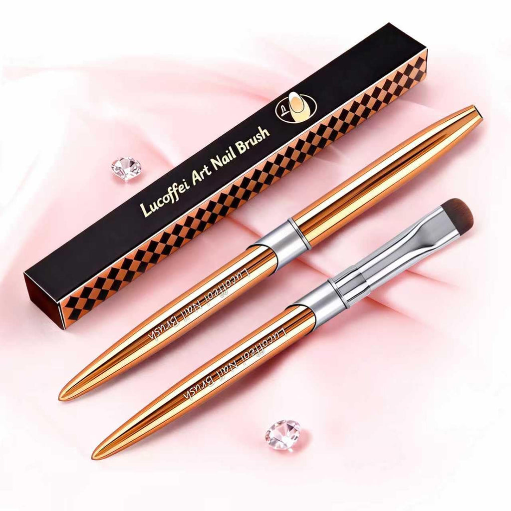 Lucoffeoi French Brush for Nails & Gel Polish Clean Up - Dual-Use Nail Art Brush with Cap (Gold)