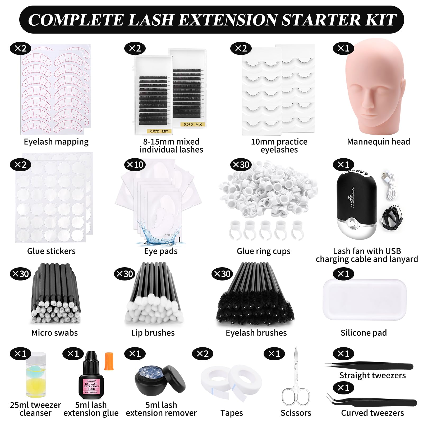 Lucomb Eyelash Training Kit — Complete Practice Set with Mannequin Head