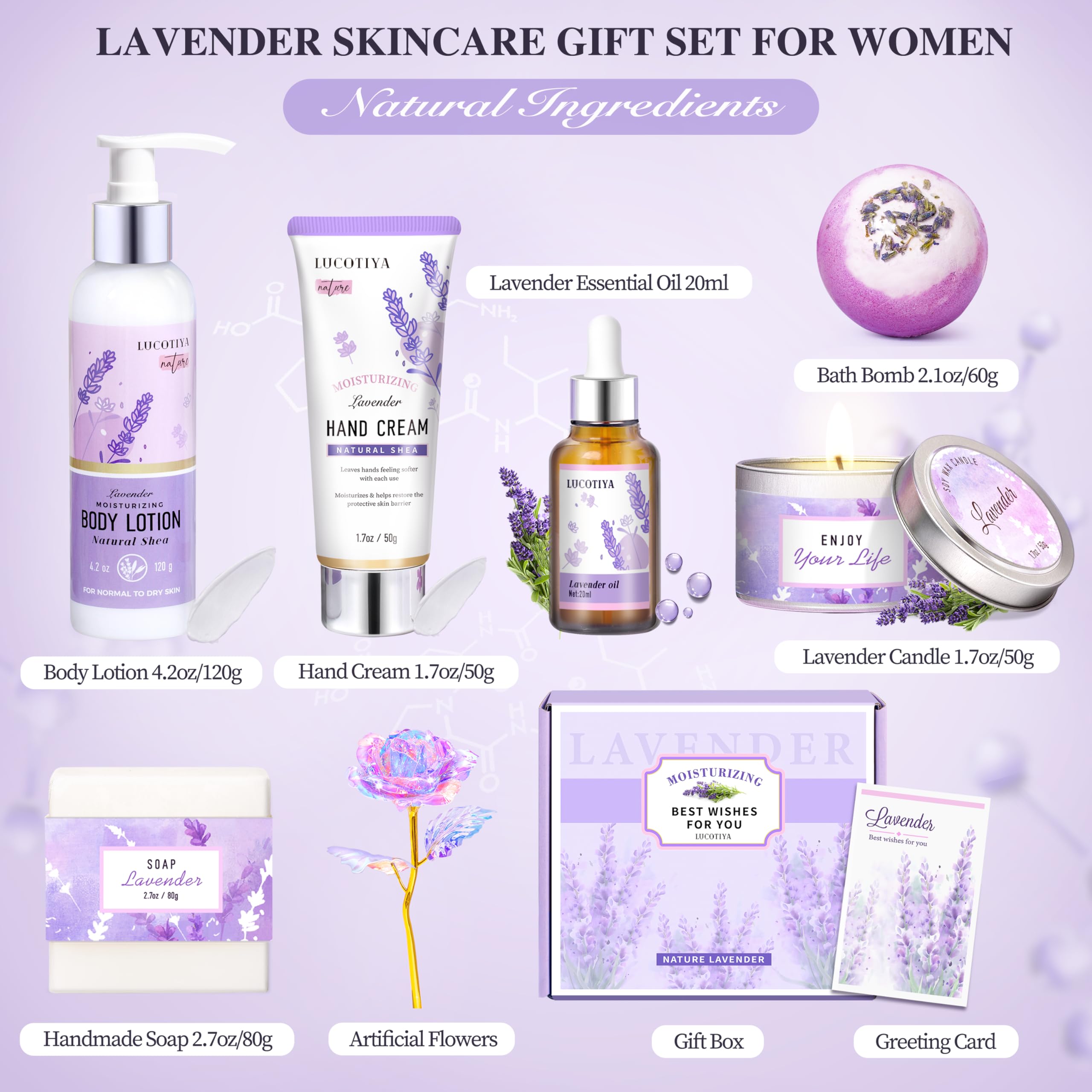 LUCOTIYA Lavender Spa Gift Set – Relaxing Bath & Body Gift Box for Her