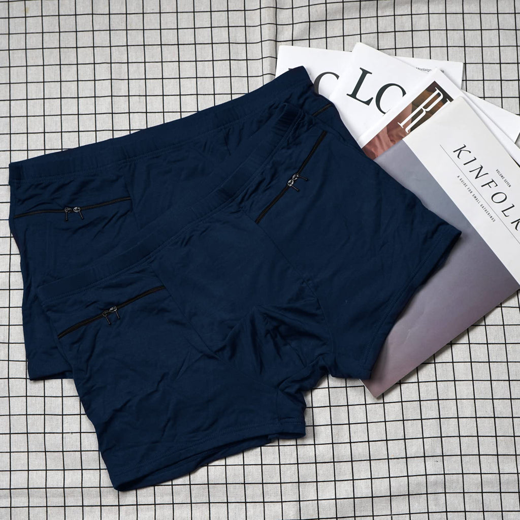 LUEXBOX Pocket Underwear with Hidden Pocket – Travel Boxer Briefs (Dark Blue) – 4 Pack