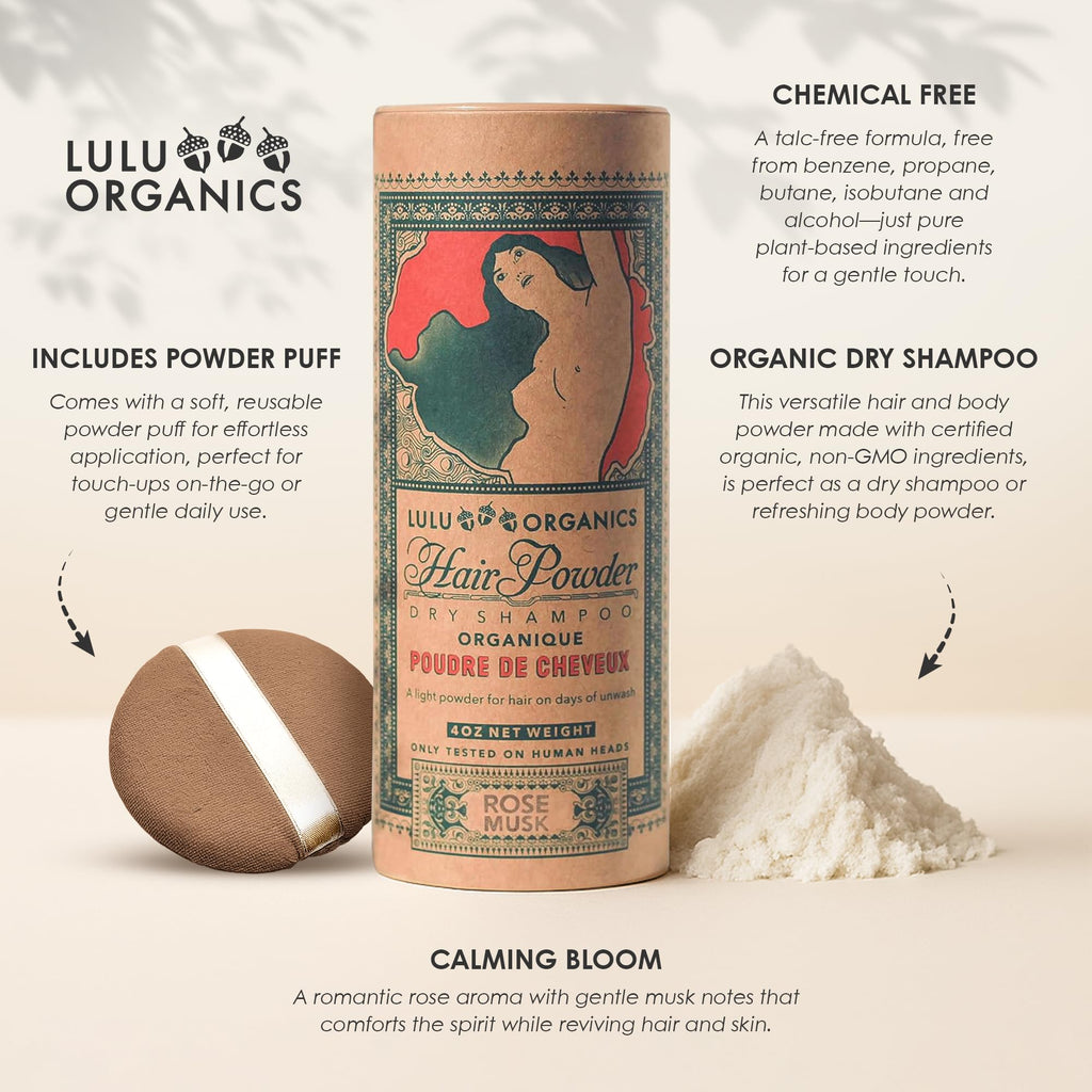Lulu Organics Dry Shampoo Powder – Non-Aerosol, Talc-Free, Rose Musk | 4oz