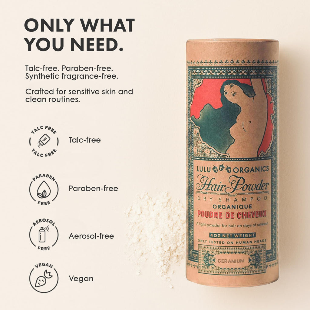 Lulu Organics Dry Shampoo Powder – Non-Aerosol, Talc-Free, Geranium (4oz)