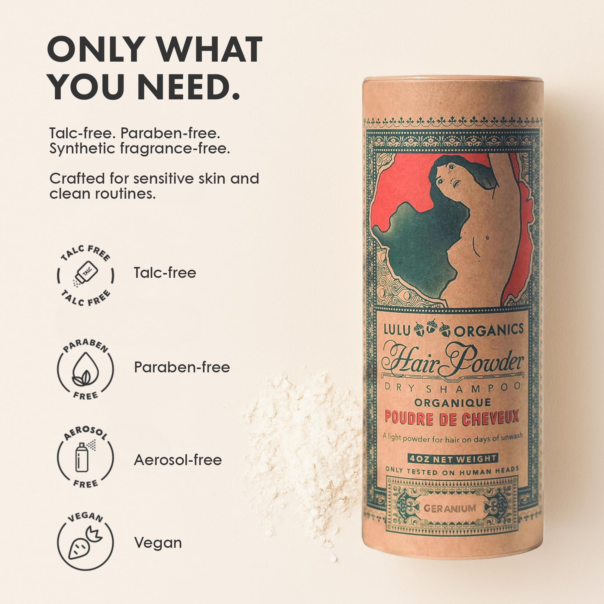Lulu Organics Dry Shampoo Powder – Non-Aerosol, Talc-Free, Geranium (4oz)