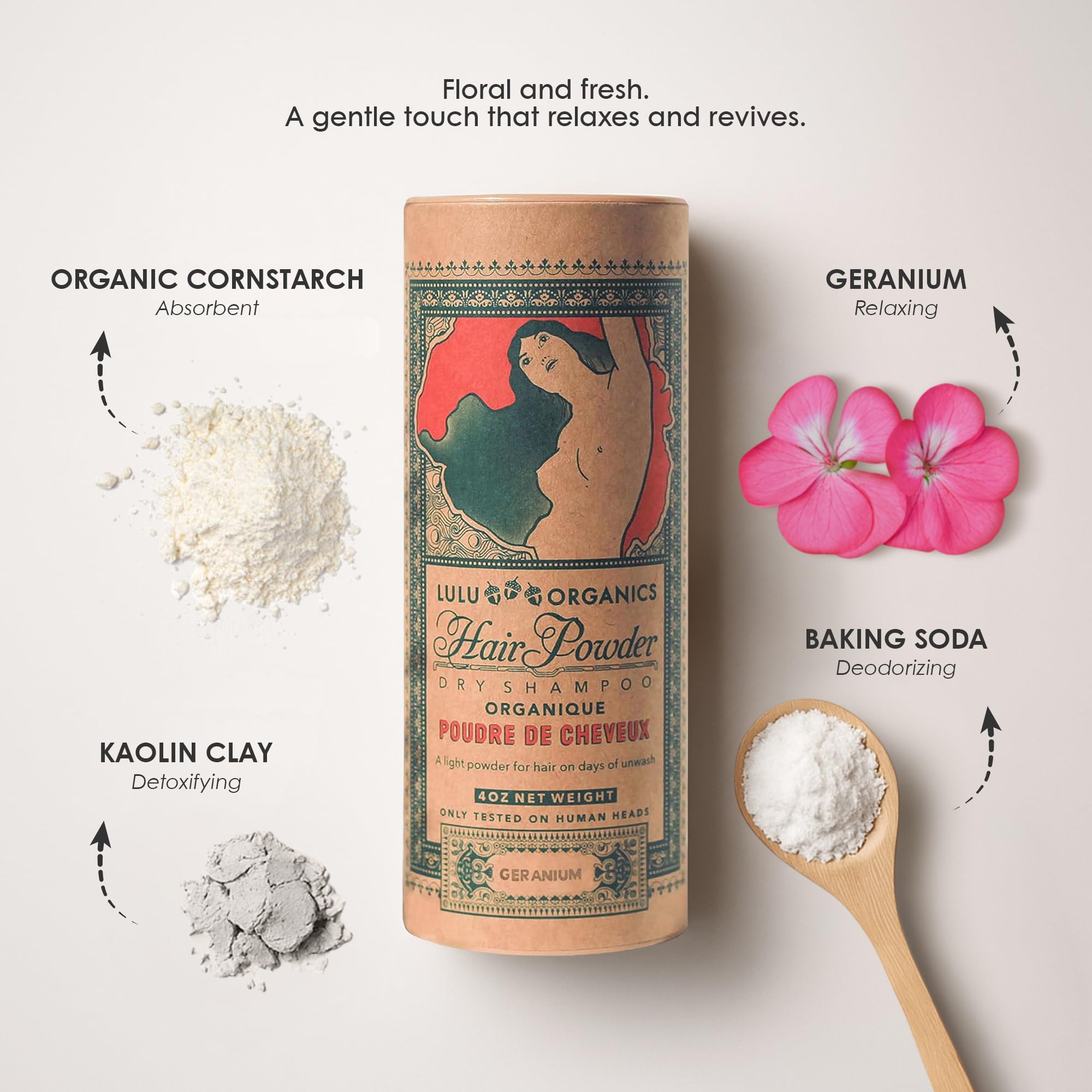 Lulu Organics Dry Shampoo Powder – Non-Aerosol, Talc-Free, Geranium (4oz)