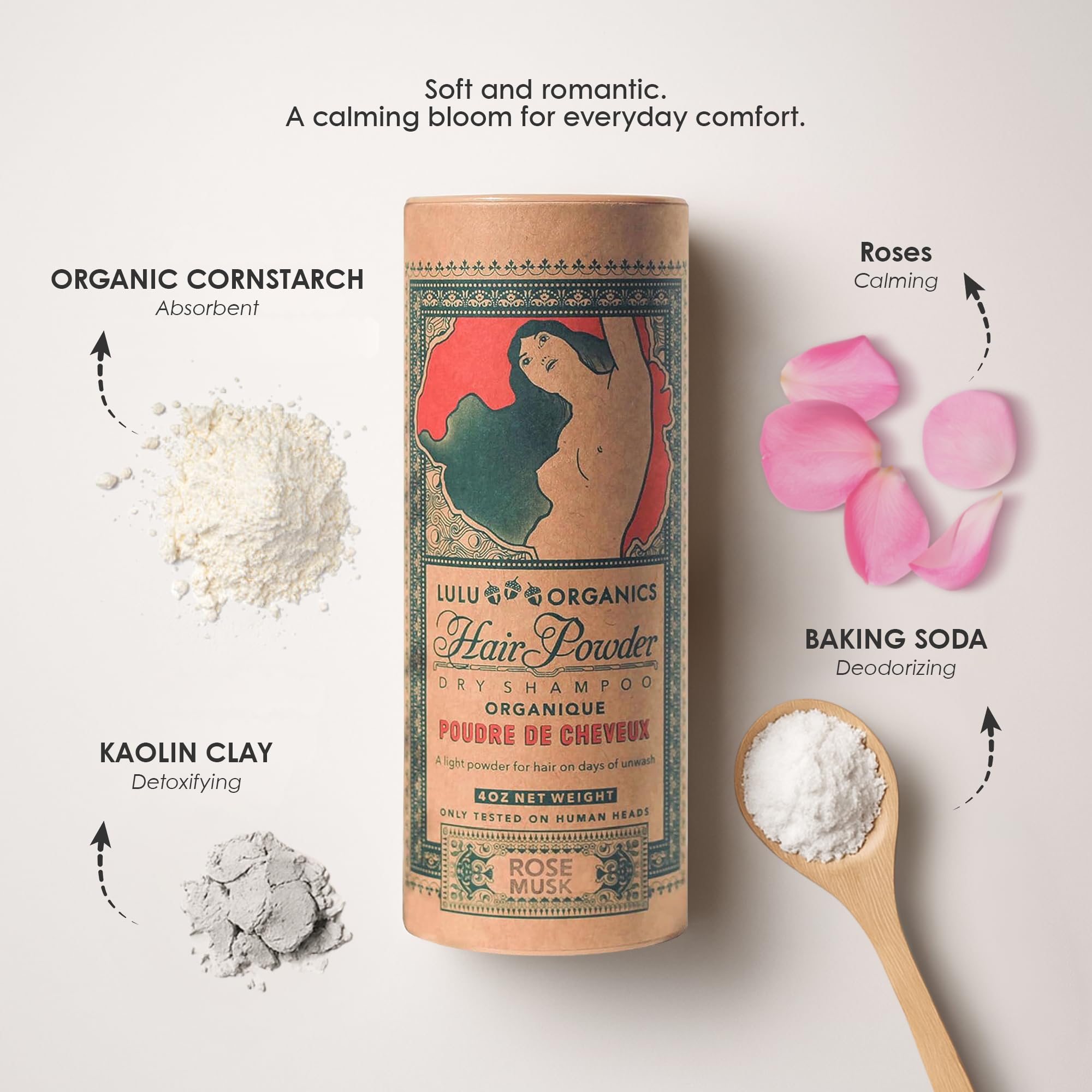 Lulu Organics Dry Shampoo Powder – Non-Aerosol, Talc-Free, Rose Musk | 4oz