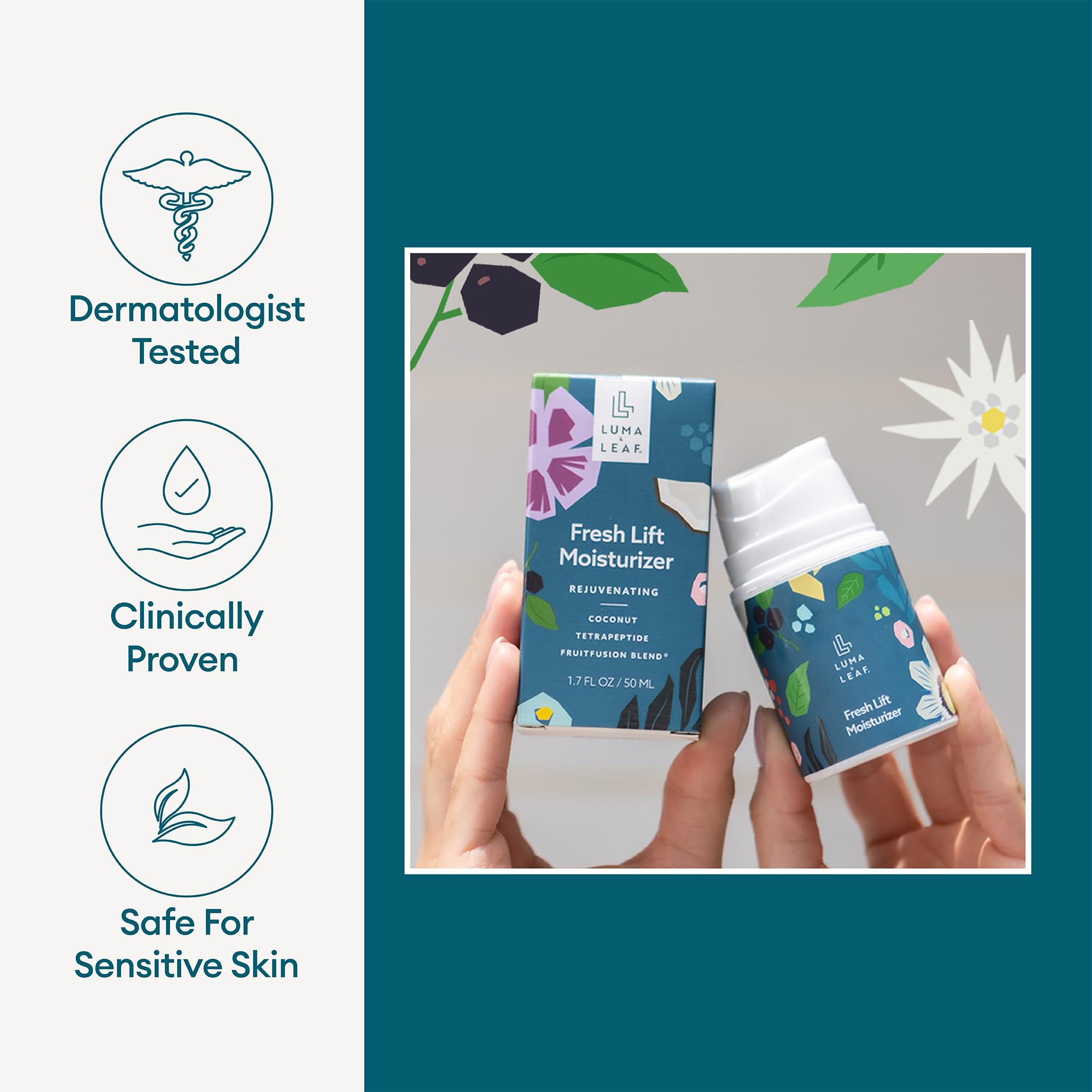 LUMA & LEAF Fresh Lift Peptide Moisturizer | Hyaluronic Acid & Hibiscus, Daily Anti-Aging Cream | 1.7 fl oz