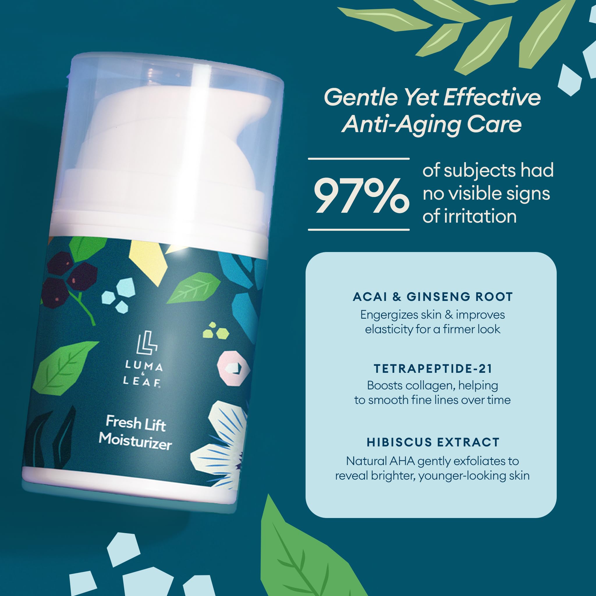 LUMA & LEAF Fresh Lift Peptide Moisturizer | Hyaluronic Acid & Hibiscus, Daily Anti-Aging Cream | 1.7 fl oz