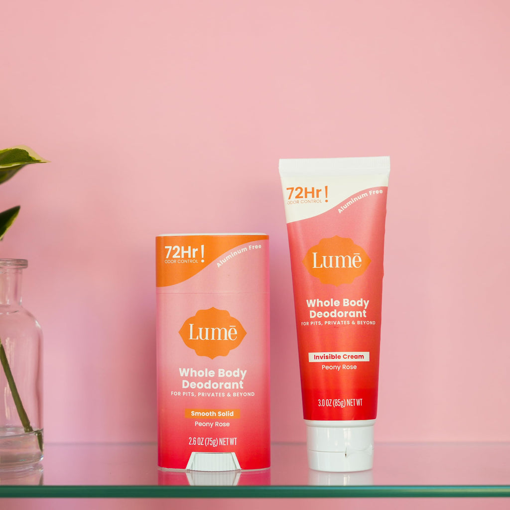 Lume Whole Body Deodorant - Invisible Cream & Solid Bundle | 72-Hour Odor Control | Aluminum Free, Baking Soda Free, Skin Safe - Peony Rose