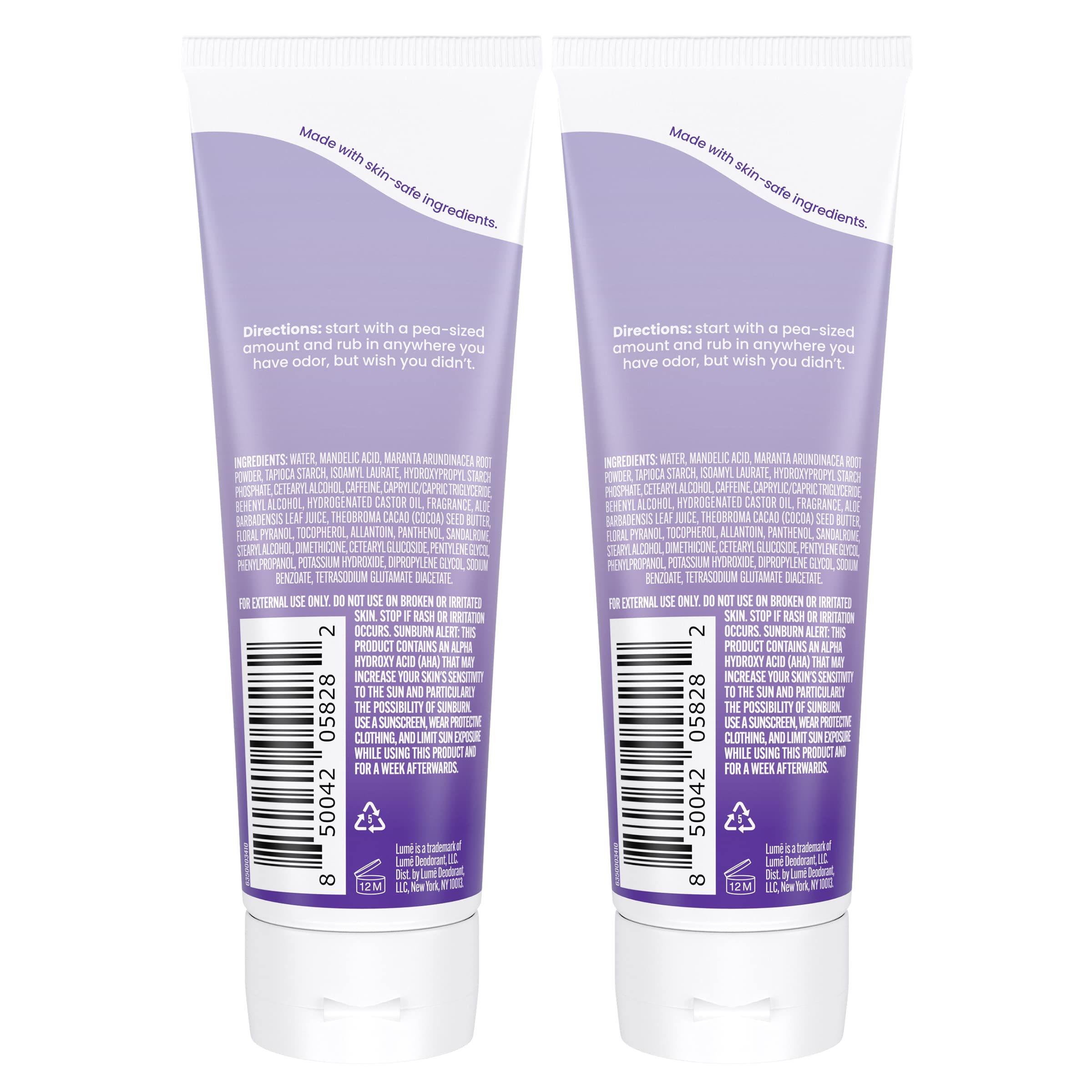 Lume Whole Body Deodorant - Invisible Cream Tube (2-Pack) | 72-Hour Odor Control | Aluminum & Baking Soda Free | Soft Powder