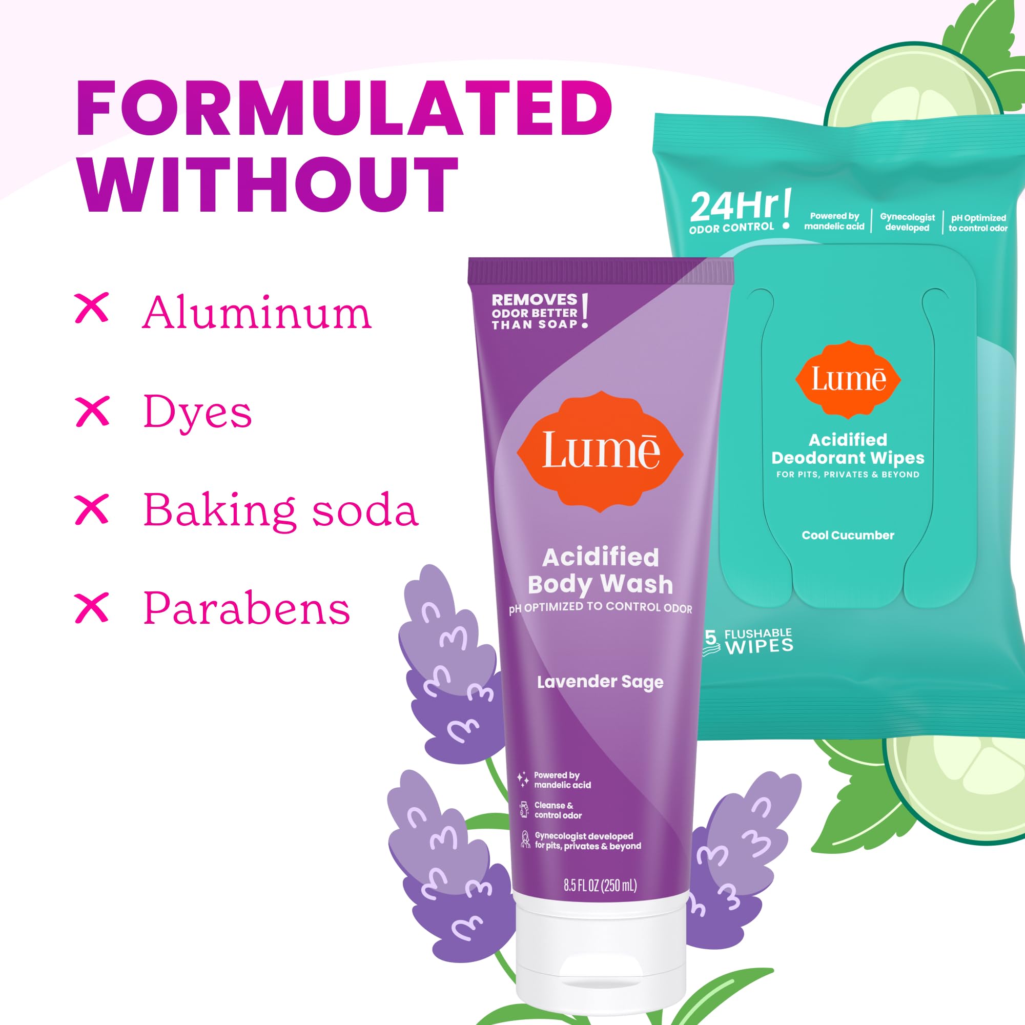 Lume Acidified Body Wash & Flushable Deodorant Wipes — 24-Hour Odor Control | Lavender Sage + Cucumber