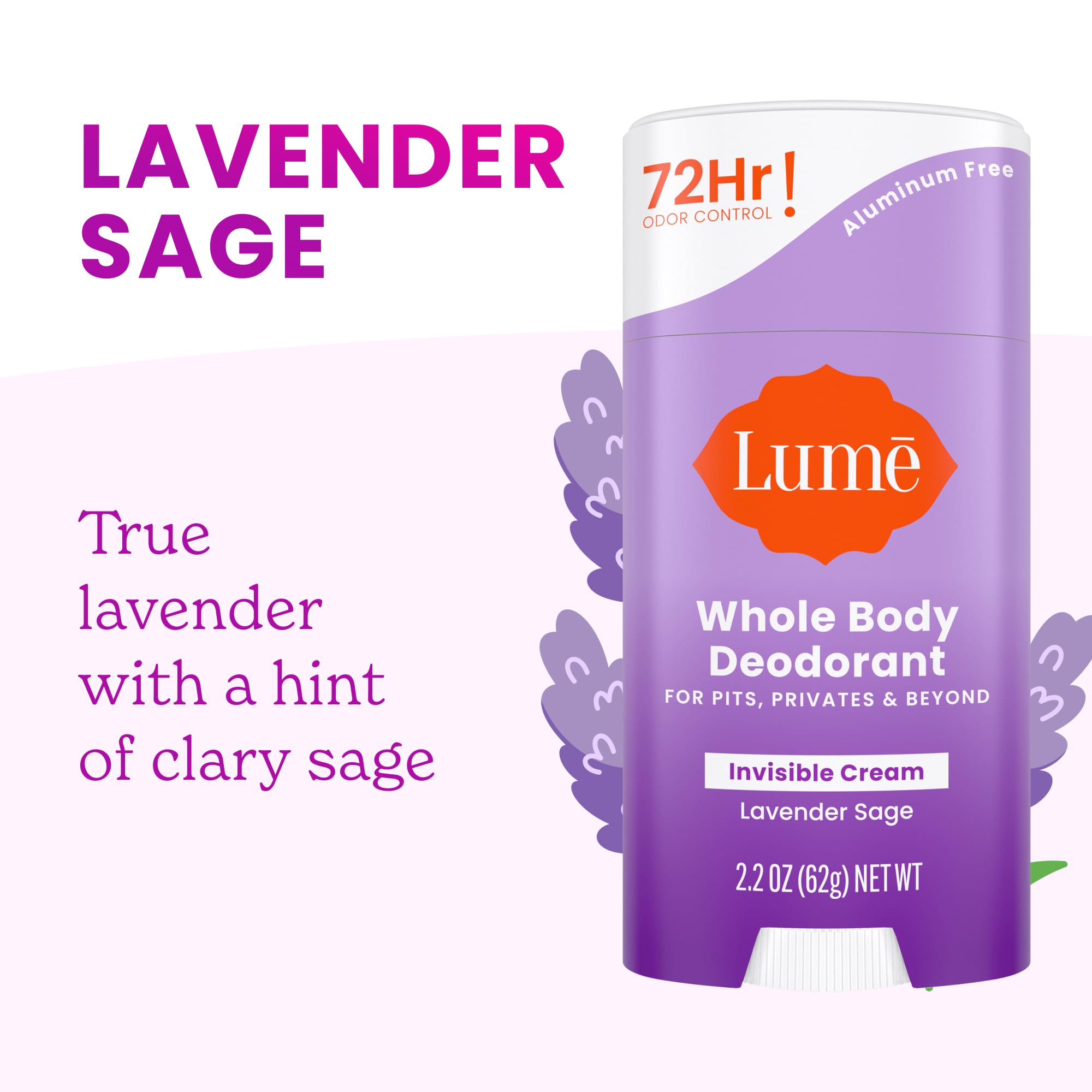 Lume Whole Body Deodorant - Invisible Cream Stick, 72 Hour Odor Control, Aluminum-Free, Baking Soda-Free, Lavender Sage