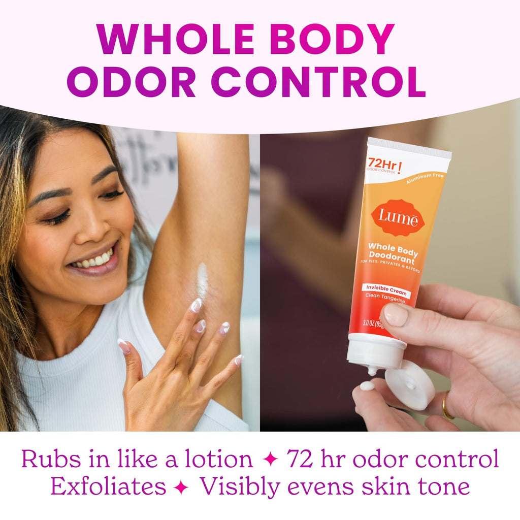 Lume Whole Body Deodorant - Invisible Cream Tube, 72-Hour Odor Control, Aluminum & Baking Soda Free - Clean Tangerine (Pack of 2)