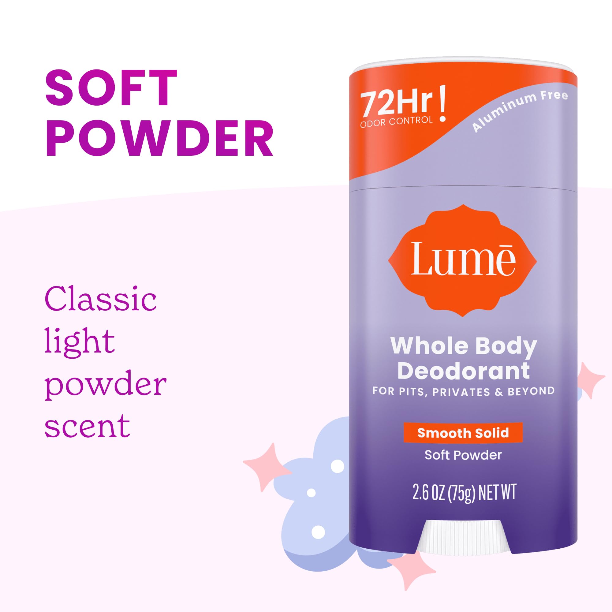 Lume Whole Body Deodorant – 72-Hour Odor Control | Aluminum Free, Baking Soda Free | 2-Pack (Soft Powder & Lavender Sage)