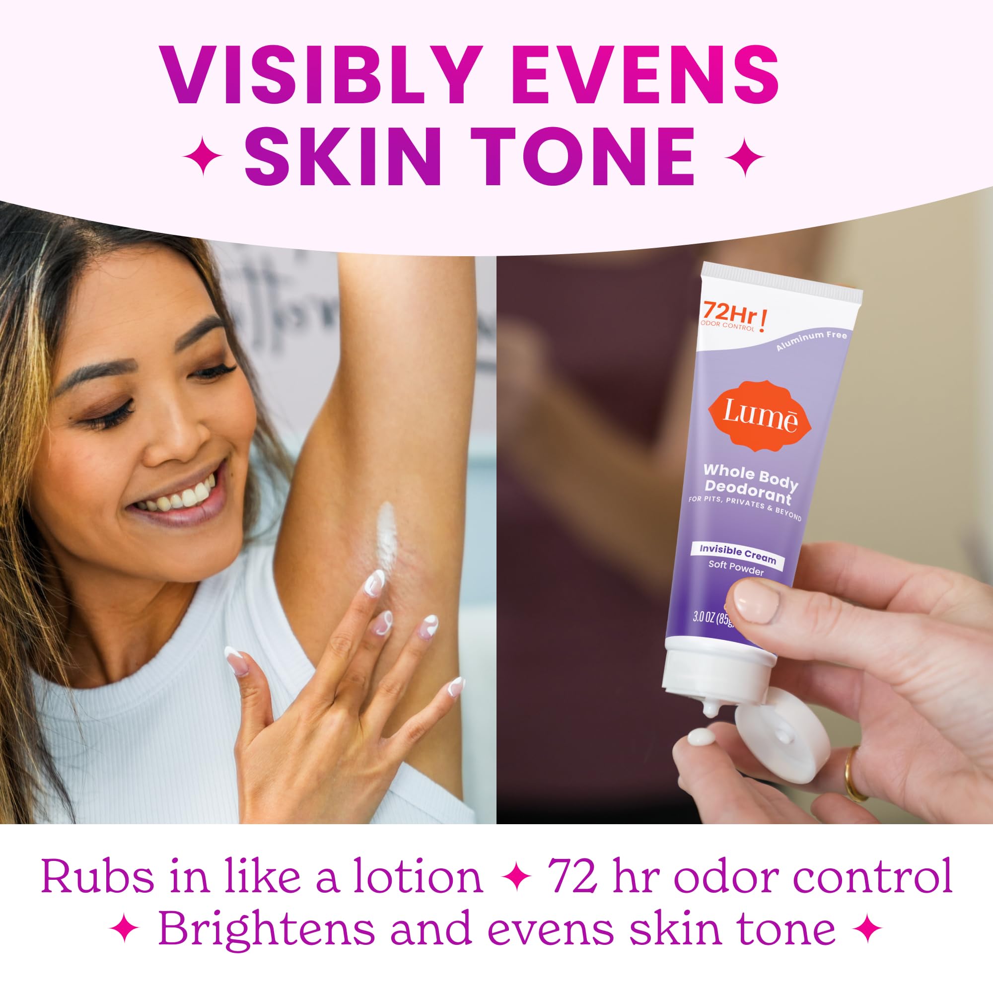 Lume Whole Body Deodorant Aluminum-Free, Baking Soda Free | 72-Hour Odor Control | Pack of 2 (Soft Powder & Toasted Coconut)