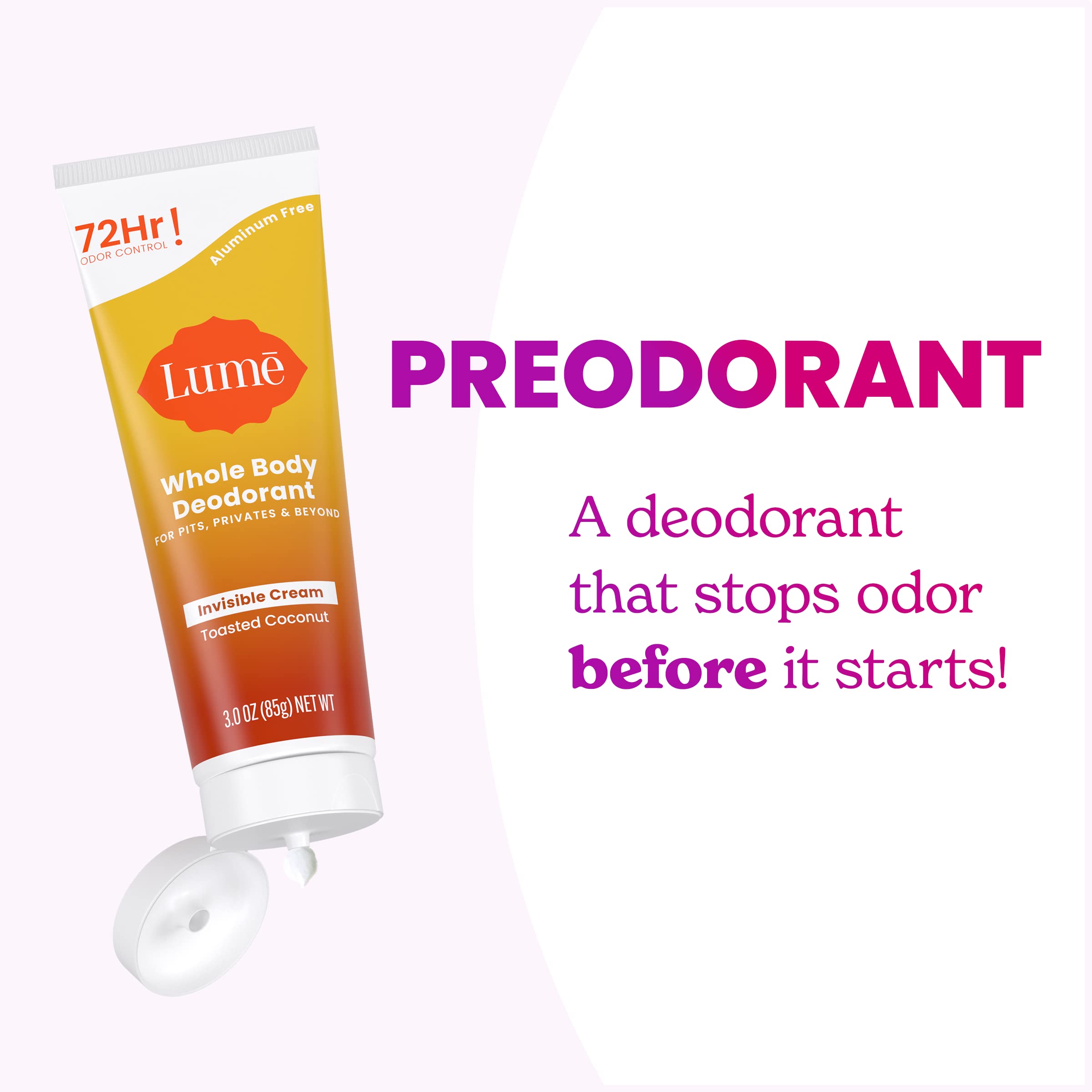 Lume Whole Body Deodorant - Invisible Cream Tube - 72 Hour Odor Control - Aluminum Free, Baking Soda Free, Skin Safe - Toasted Coconut (Pack of 2, 3.0 oz)
