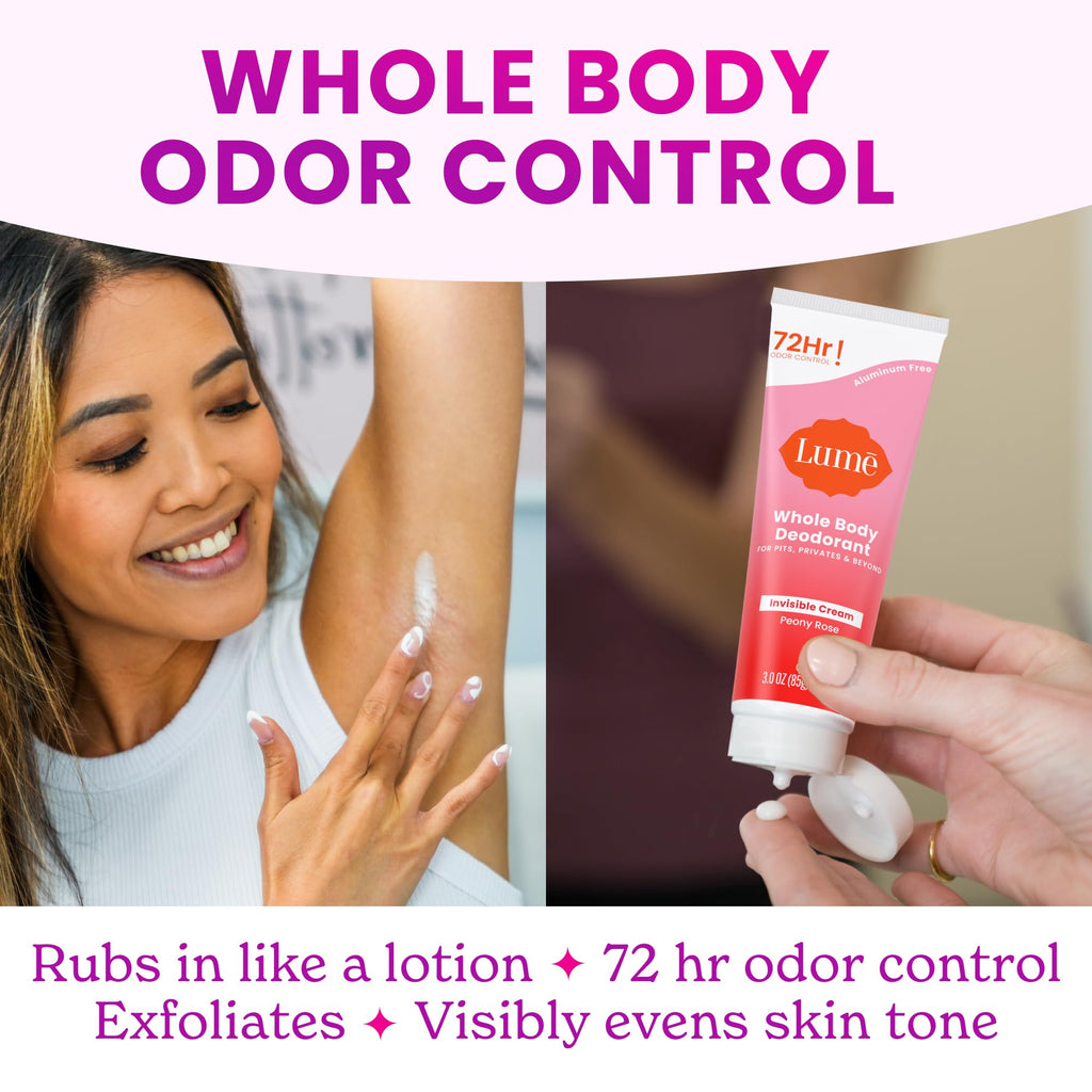 Lume Whole Body Deodorant - Invisible Cream & Solid Bundle | 72-Hour Odor Control | Aluminum Free, Baking Soda Free, Skin Safe - Peony Rose