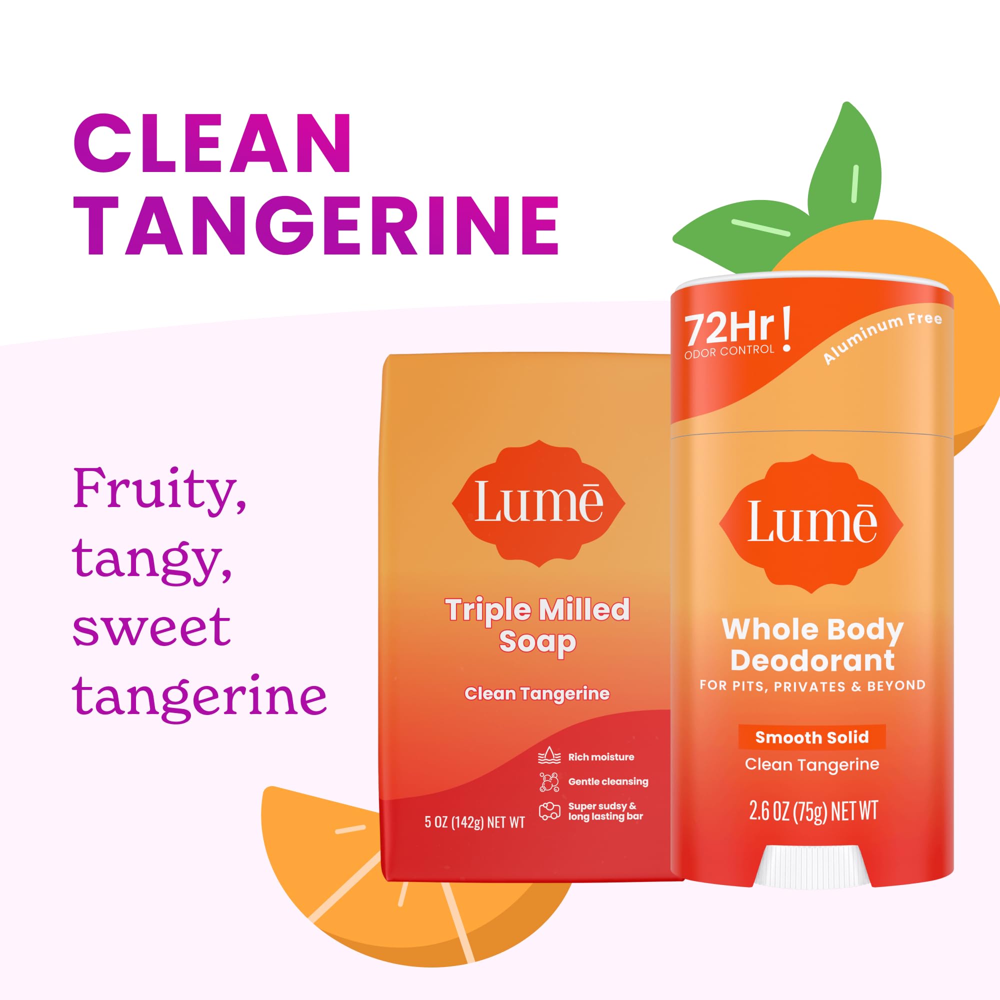 Lume Whole Body Deodorant & Soap – Clean Tangerine Bundle (2x 2.6oz Sticks + 2x 5oz Soaps) Aluminum & Baking Soda Free