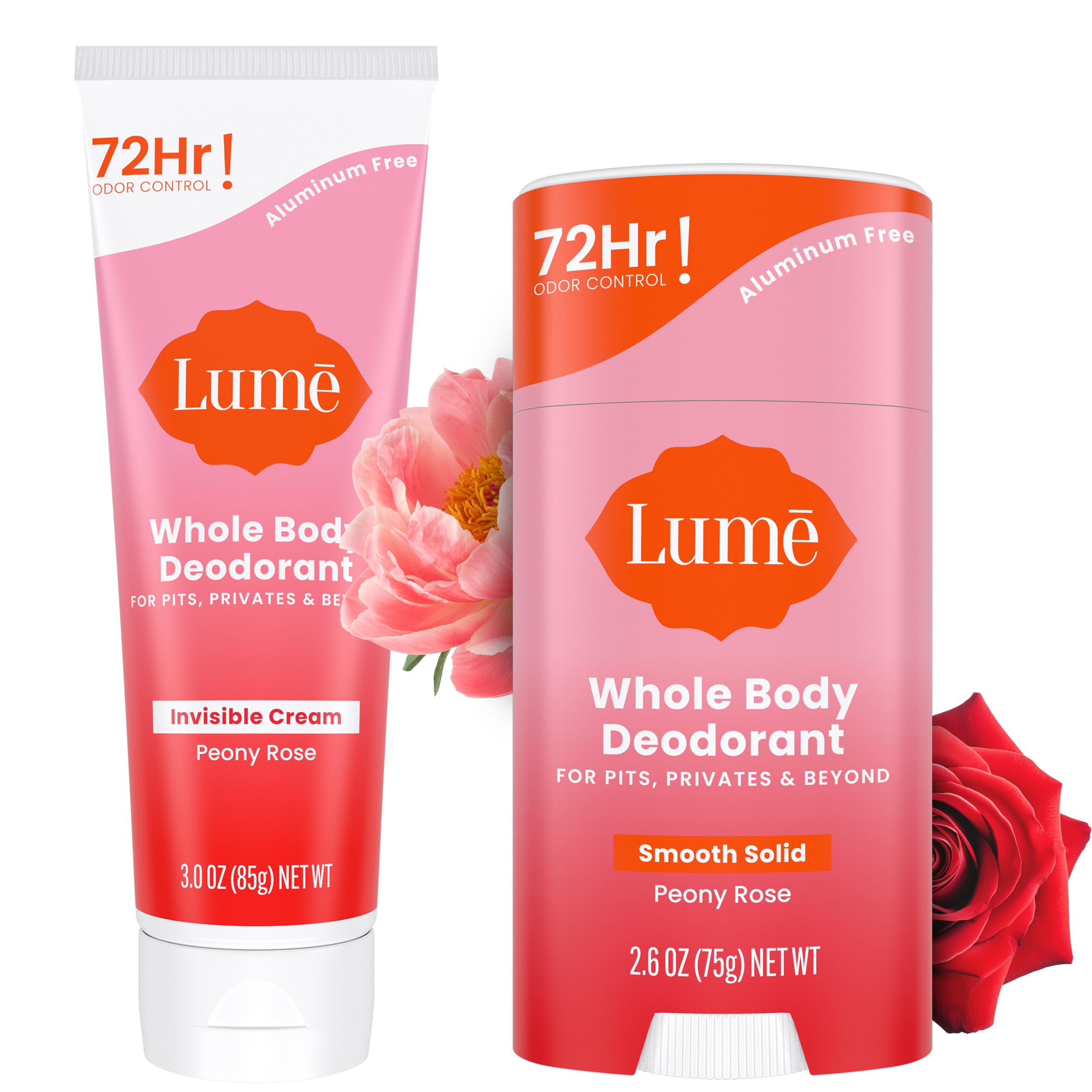 Lume Whole Body Deodorant - Invisible Cream & Solid Bundle | 72-Hour Odor Control | Aluminum Free, Baking Soda Free, Skin Safe - Peony Rose