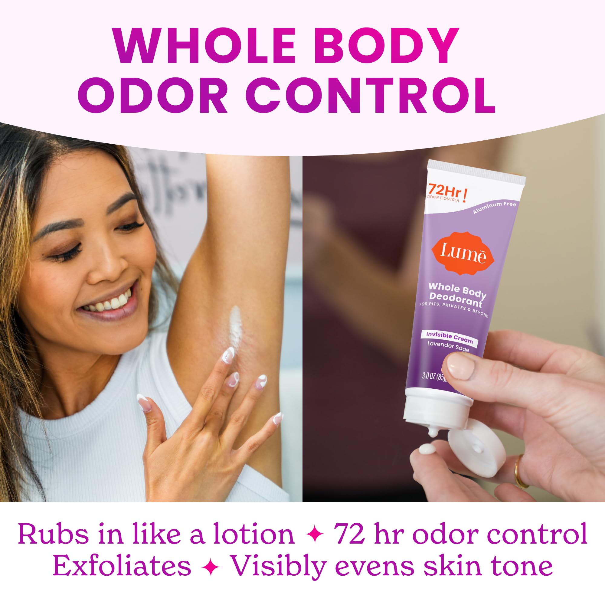 Lume Whole Body Deodorant Bundle - Lavender Sage Cream & Solid, Aluminum Free, 72-Hour Odor Control