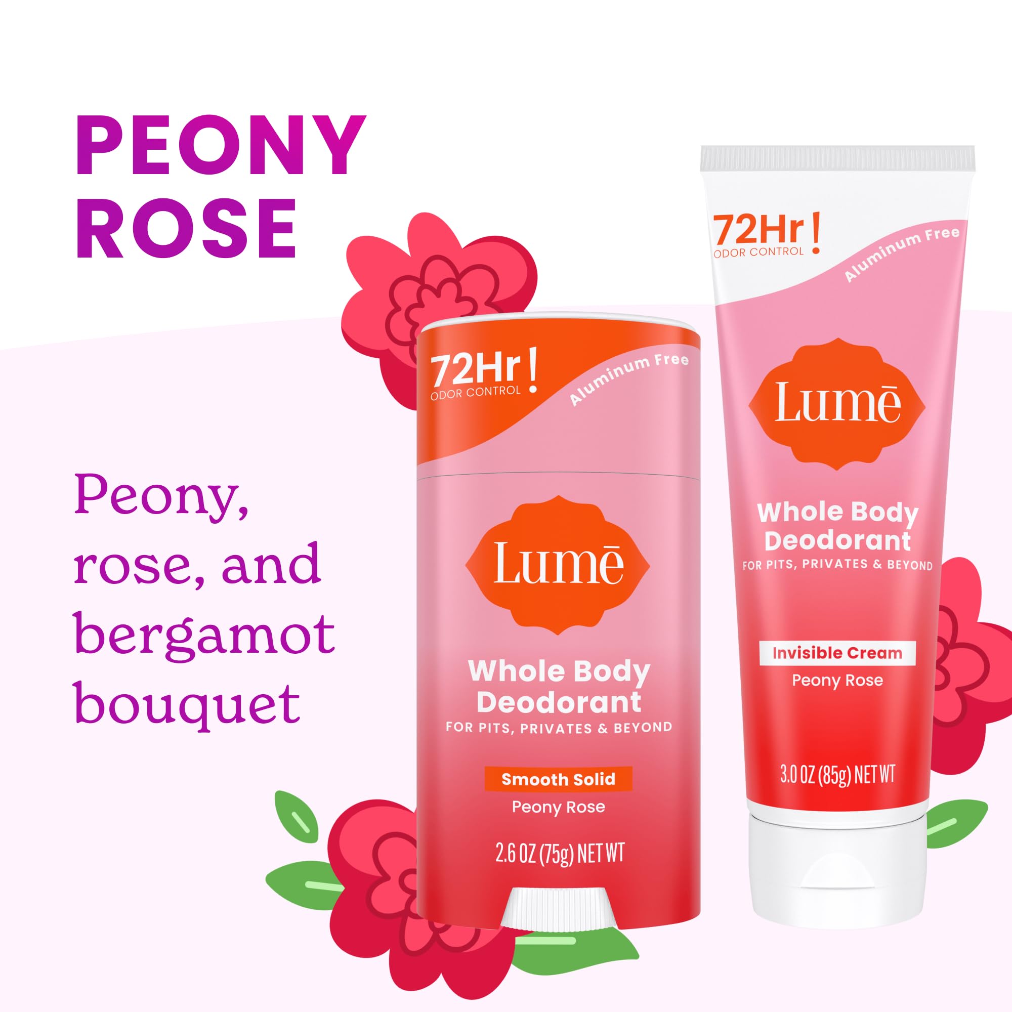 Lume Whole Body Deodorant - Invisible Cream & Solid Bundle | 72-Hour Odor Control | Aluminum Free, Baking Soda Free, Skin Safe - Peony Rose