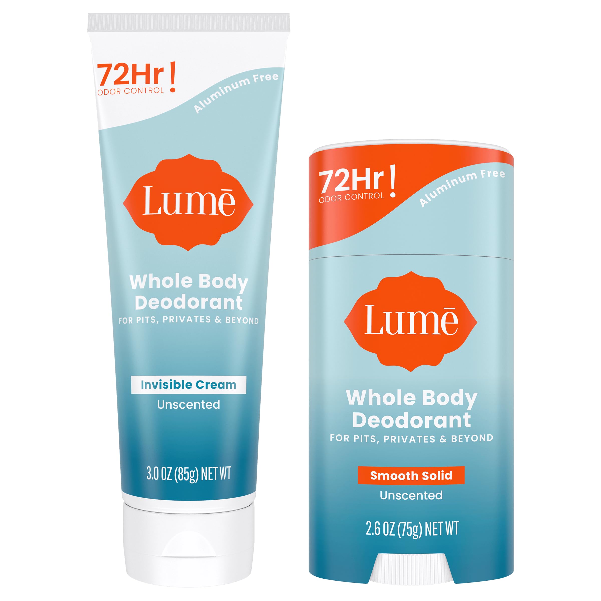 Lume Whole Body Deodorant – Invisible Cream & Solid Unscented Bundle | 72-Hour Odor Control, Aluminum & Baking Soda Free