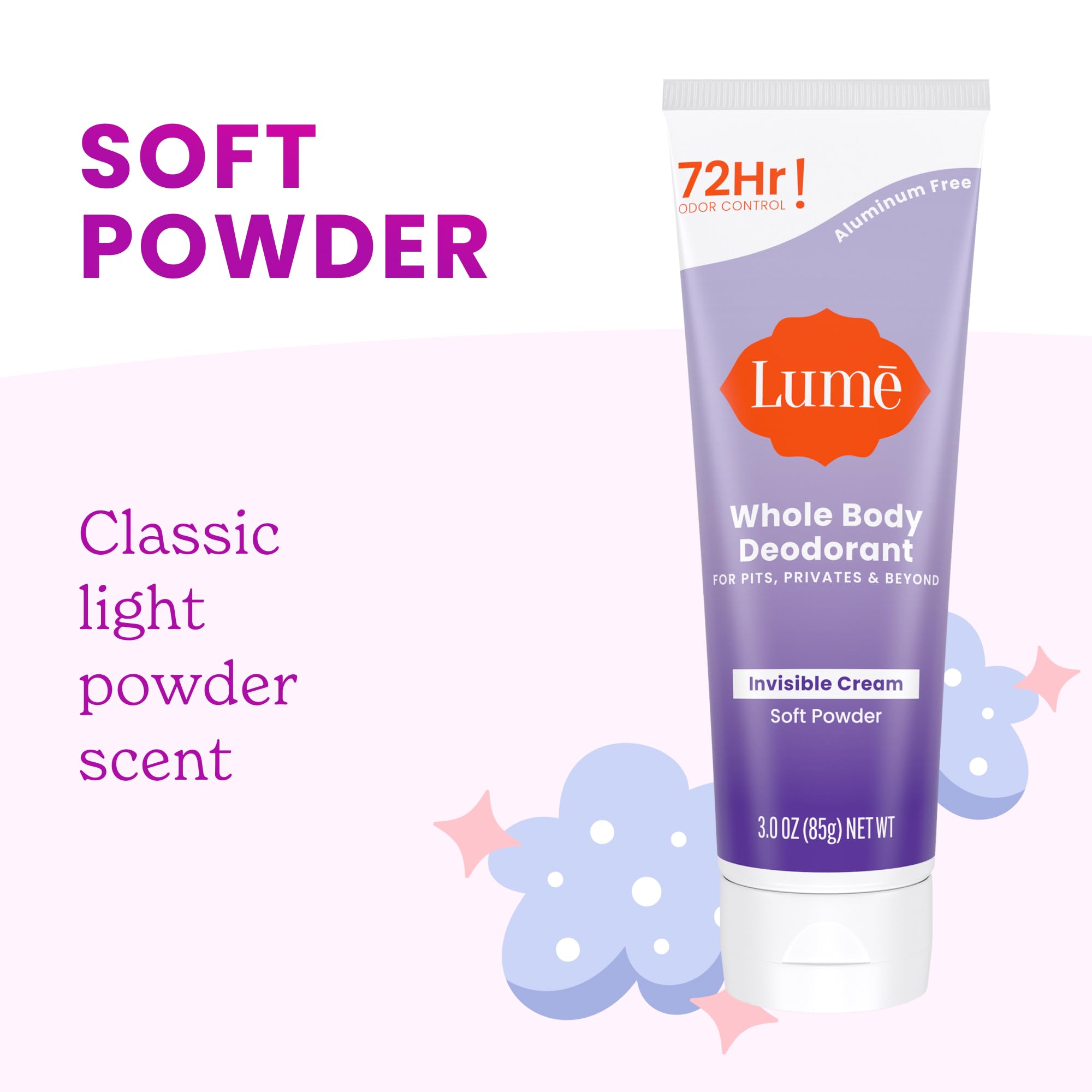 Lume Whole Body Deodorant Aluminum-Free, Baking Soda Free | 72-Hour Odor Control | Pack of 2 (Soft Powder & Toasted Coconut)