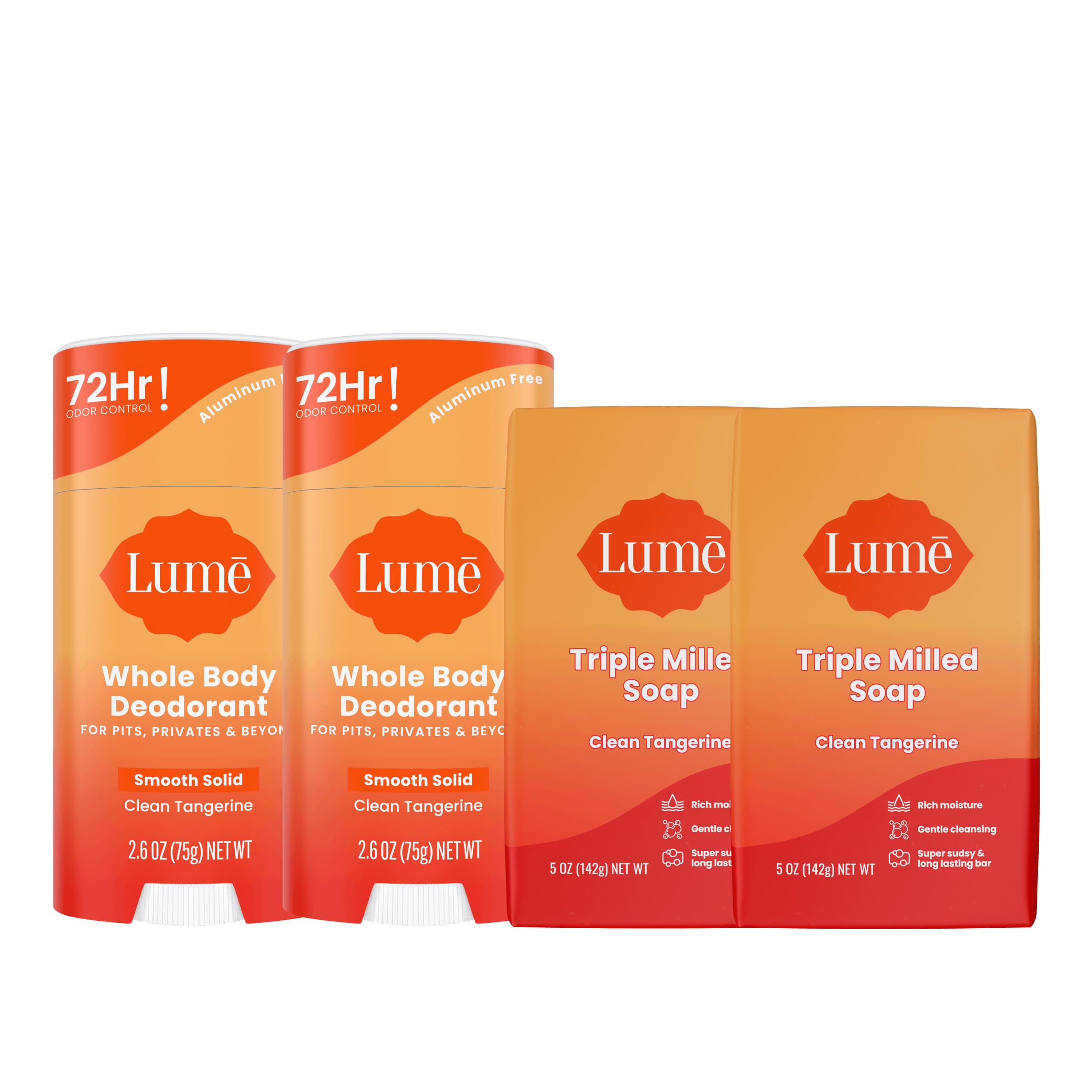 Lume Whole Body Deodorant & Soap – Clean Tangerine Bundle (2x 2.6oz Sticks + 2x 5oz Soaps) Aluminum & Baking Soda Free