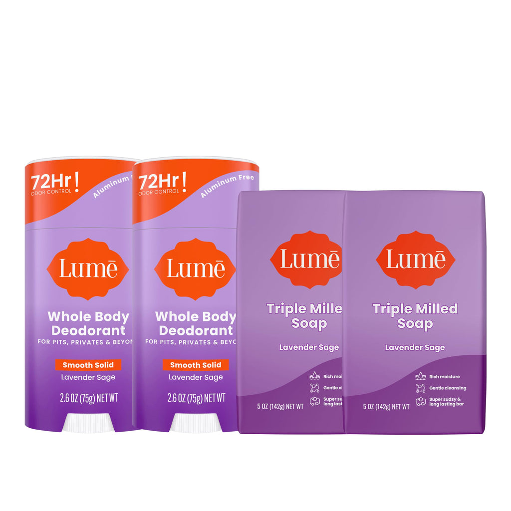 Lume Whole Body Deodorant and Soap — Lavender Sage, Aluminum- and Baking Soda-Free, 72-Hour Odor Control (2-Pack Deodorant Sticks) + 5 oz Triple-Milled Soap (2 Bars)