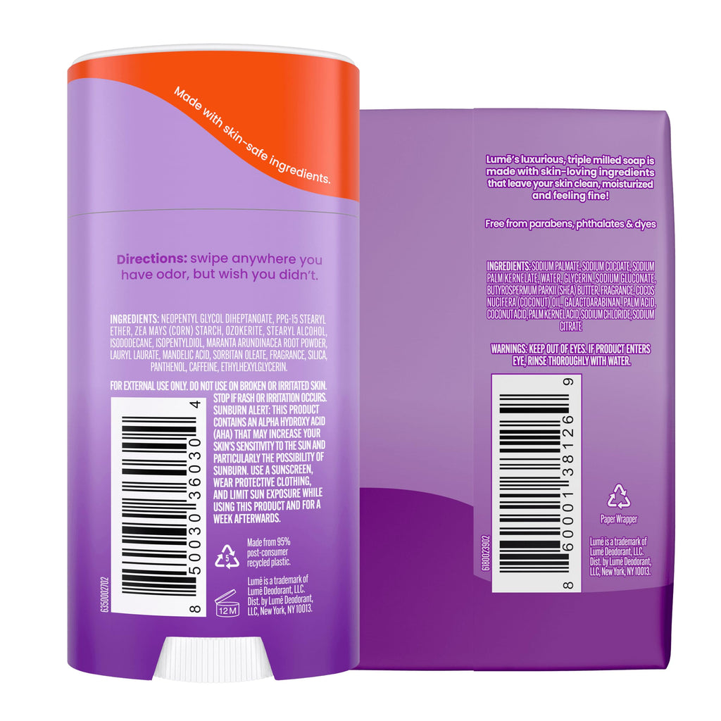 Lume Whole Body Deodorant and Soap — Lavender Sage, Aluminum- and Baking Soda-Free, 72-Hour Odor Control (2-Pack Deodorant Sticks) + 5 oz Triple-Milled Soap (2 Bars)