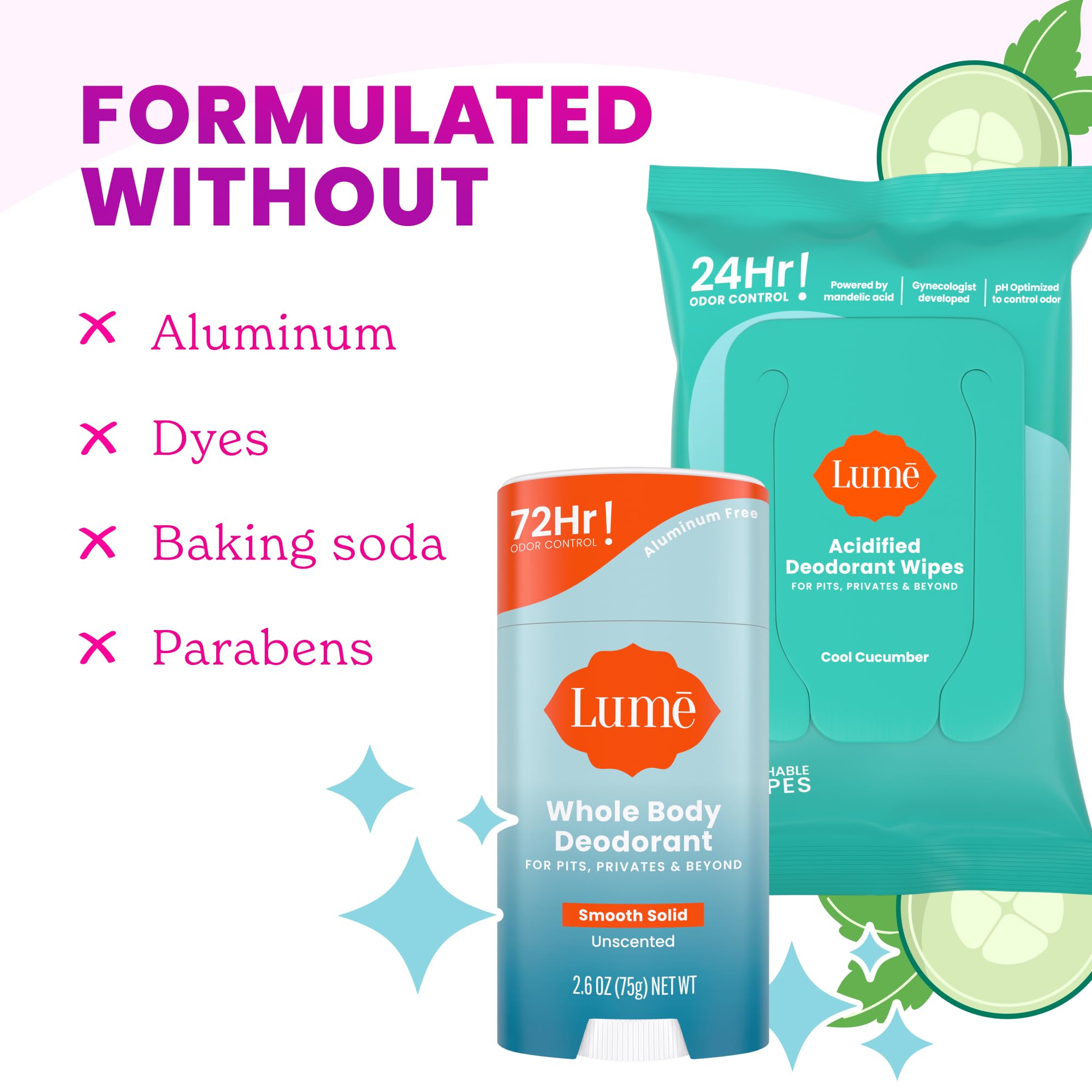 Lume Whole Body Deodorant – Unscented Stick + Flushable Wipes | Doctor Developed, Aluminum & Baking Soda Free