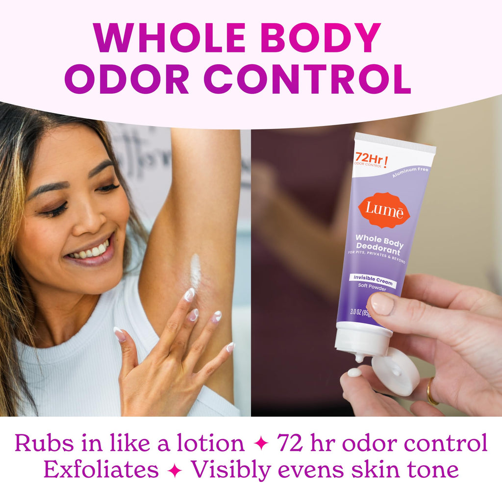 Lume Whole Body Deodorant - Invisible Cream Tube (2-Pack) | 72-Hour Odor Control | Aluminum & Baking Soda Free | Soft Powder