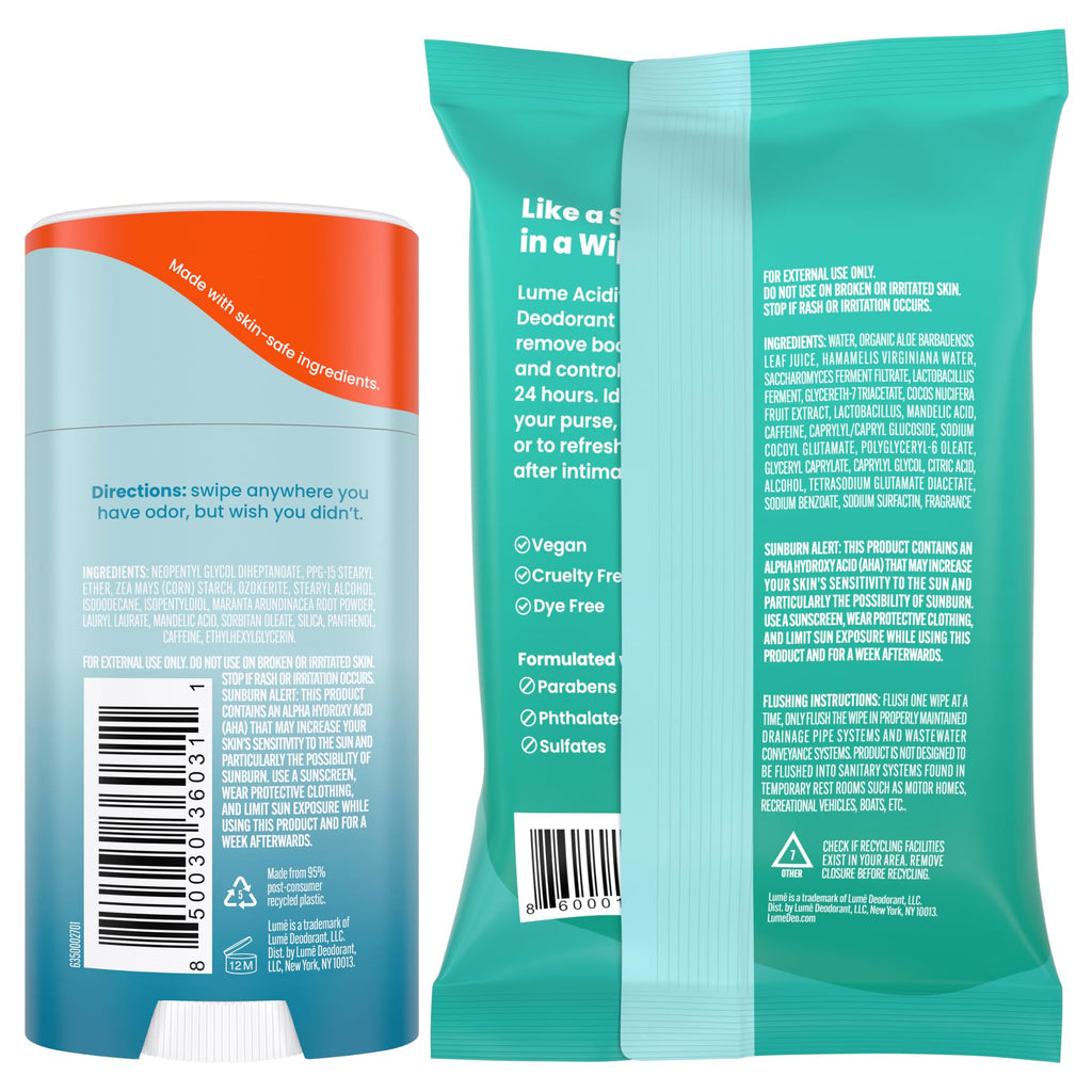 Lume Whole Body Deodorant – Unscented Stick + Flushable Wipes | Doctor Developed, Aluminum & Baking Soda Free