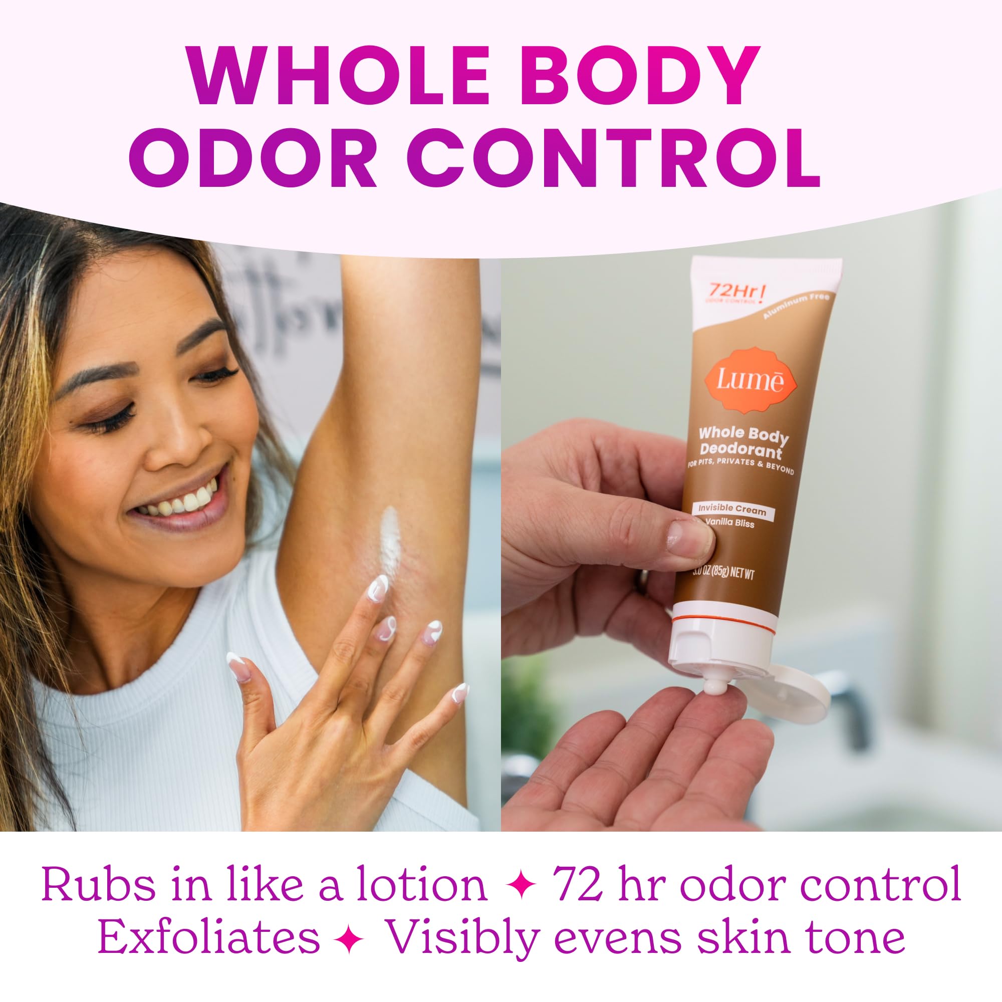 Lume Whole Body Deodorant – Invisible Cream Tube, Vanilla Bliss, Aluminum & Baking Soda Free | 72-Hour Odor Control (2-Pack)